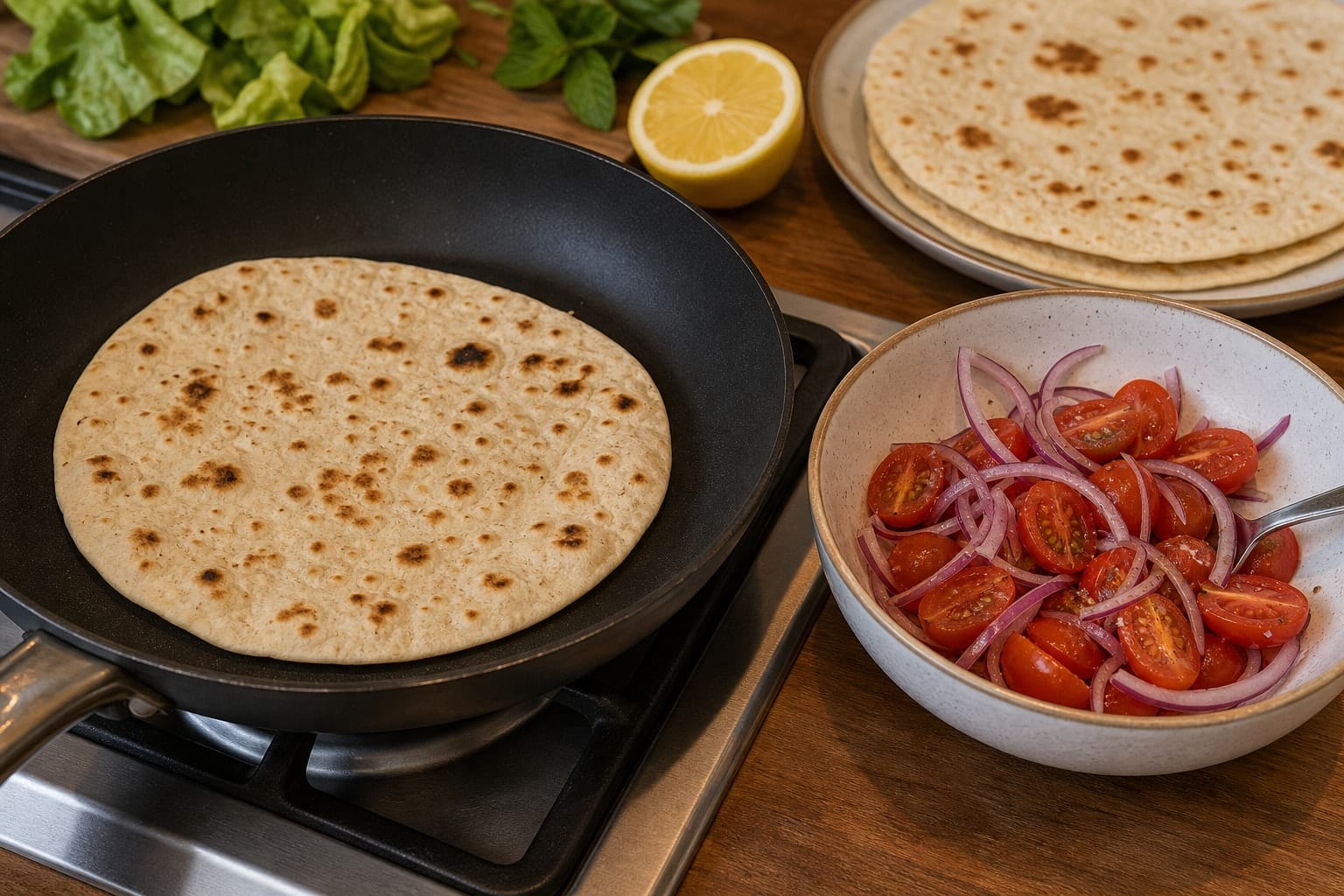 Minted Lamb Kofta Flatbreads with Cucumber Yoghurt cooking step 5: Warm the flatbreads.