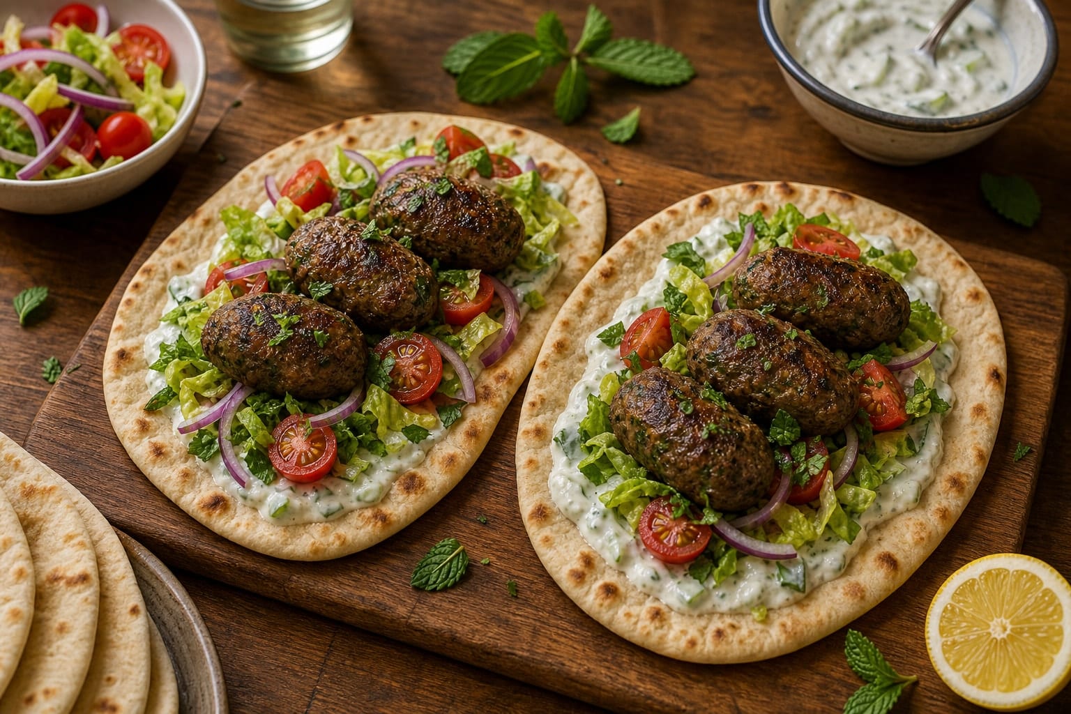 Minted Lamb Kofta Flatbreads with Cucumber Yoghurt cooking step 6: Fill and serve.