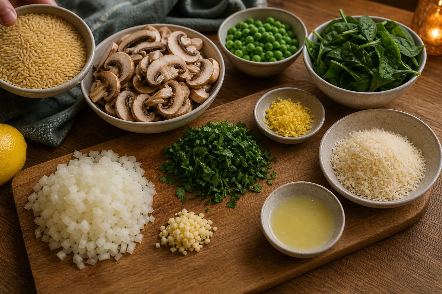 Creamy Mushroom Pea Lemon Orzo with Parmesan cooking step 1: Prepare the vegetables.