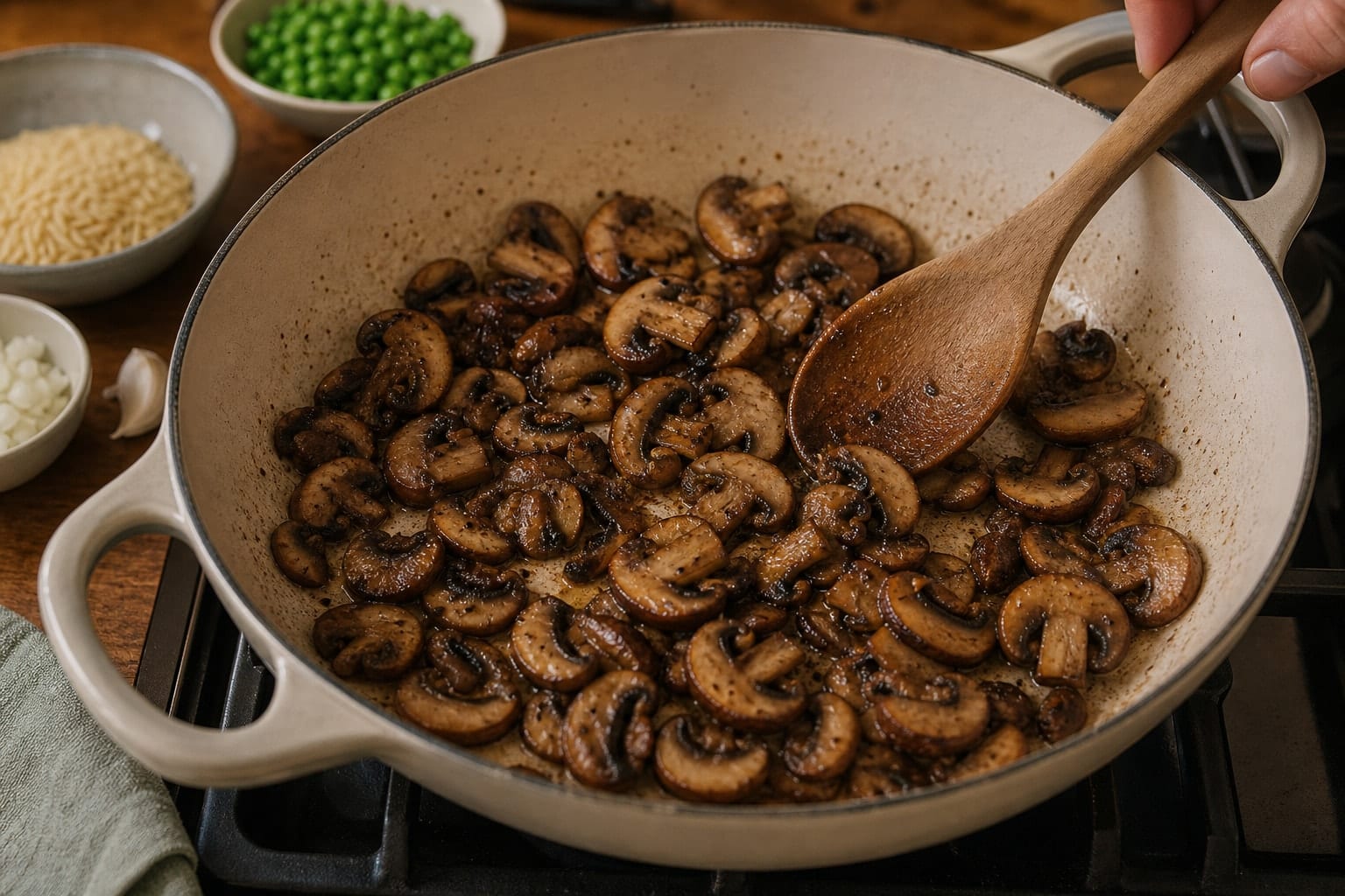 Creamy Mushroom Pea Lemon Orzo with Parmesan cooking step 2: Brown the mushrooms.
