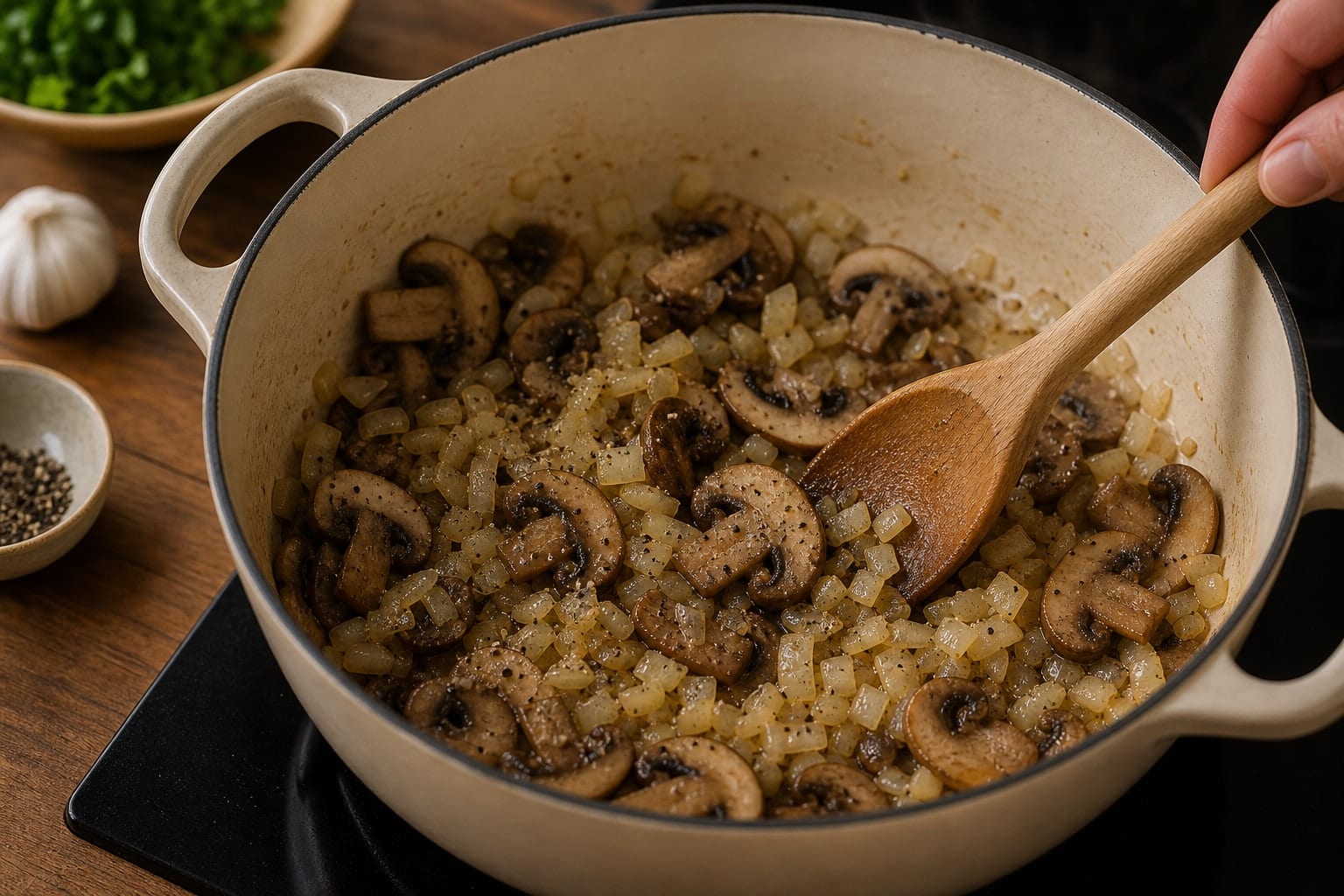 Creamy Mushroom Pea Lemon Orzo with Parmesan cooking step 3: Soften the onion.