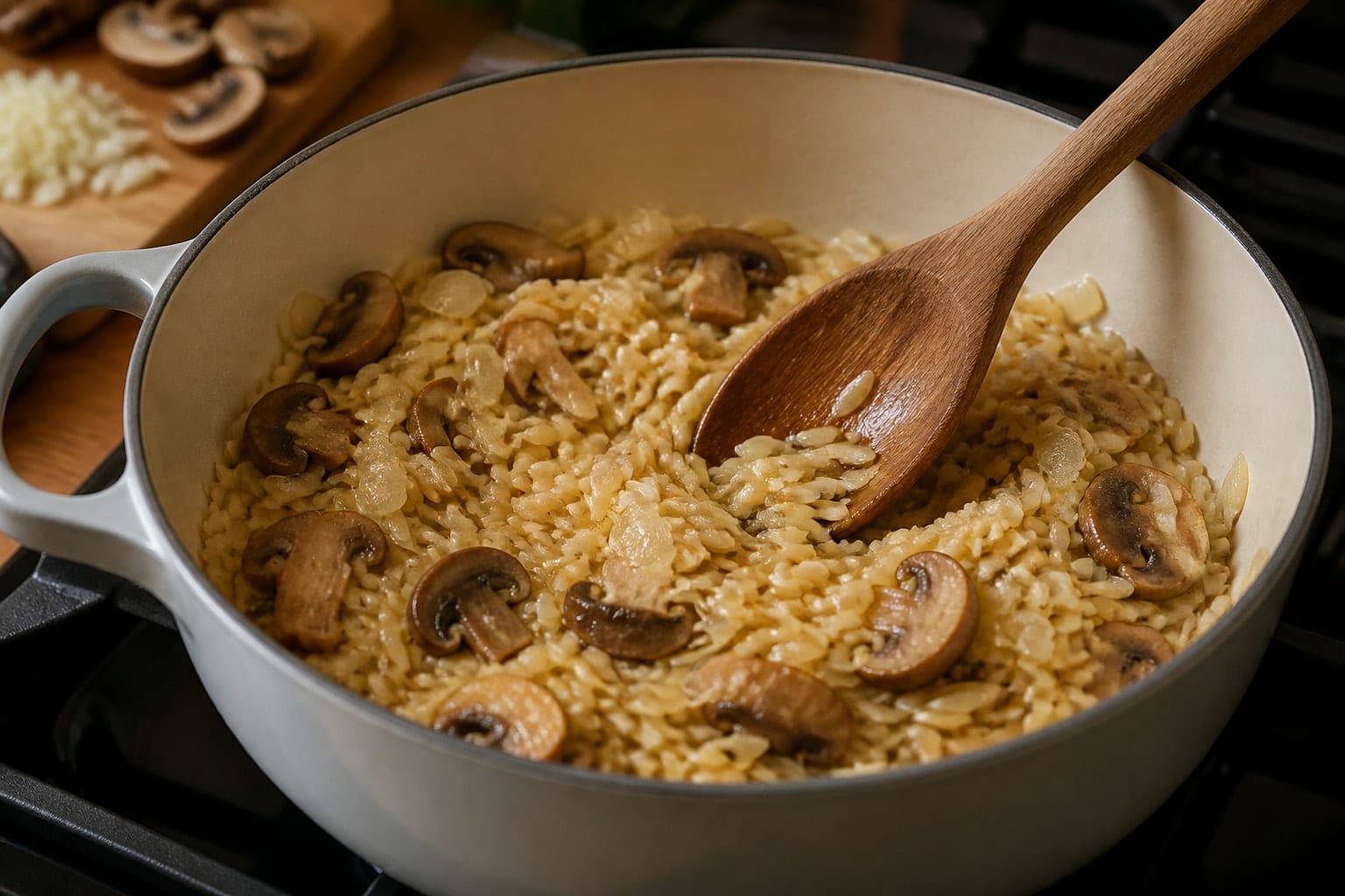 Creamy Mushroom Pea Lemon Orzo with Parmesan cooking step 4: Toast the orzo.