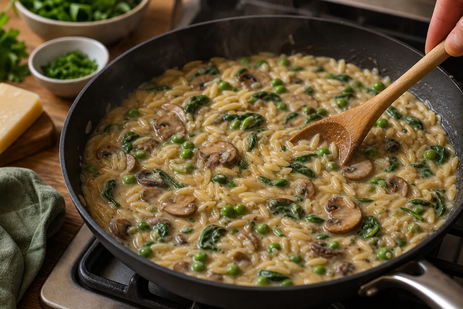 Creamy Mushroom Pea Lemon Orzo with Parmesan cooking step 5: Simmer until creamy.