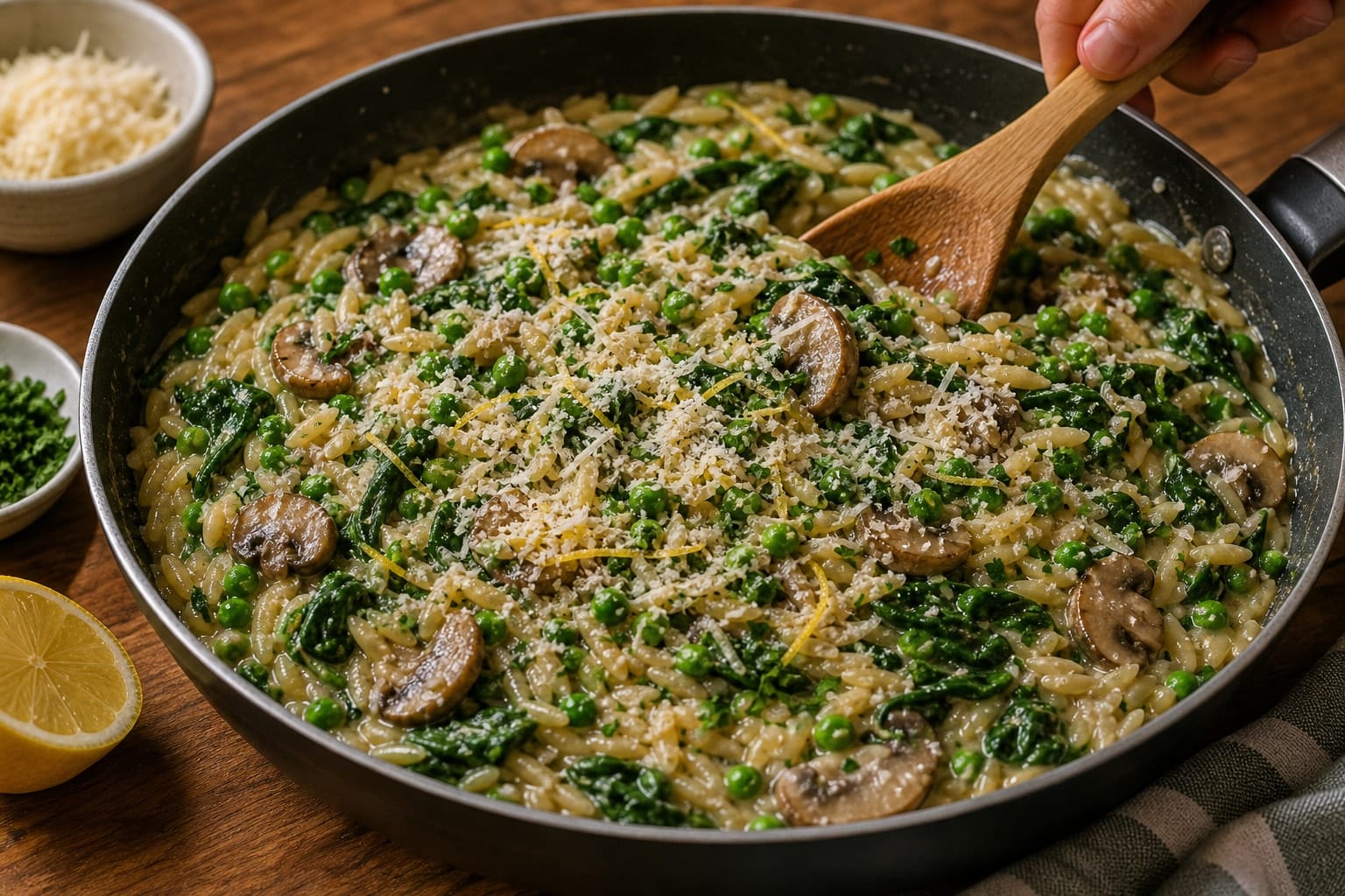 Creamy Mushroom Pea Lemon Orzo with Parmesan cooking step 6: Add greens and cheese.