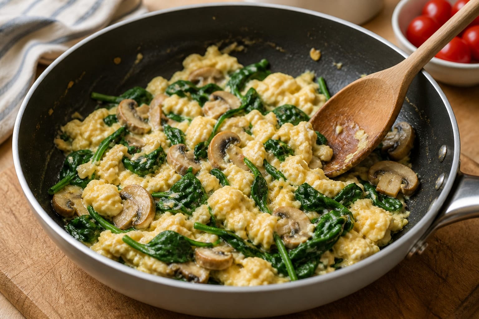 Golden Mushroom Spinach Breakfast Quesadillas with Cheddar cooking step 3: Scramble with spinach.