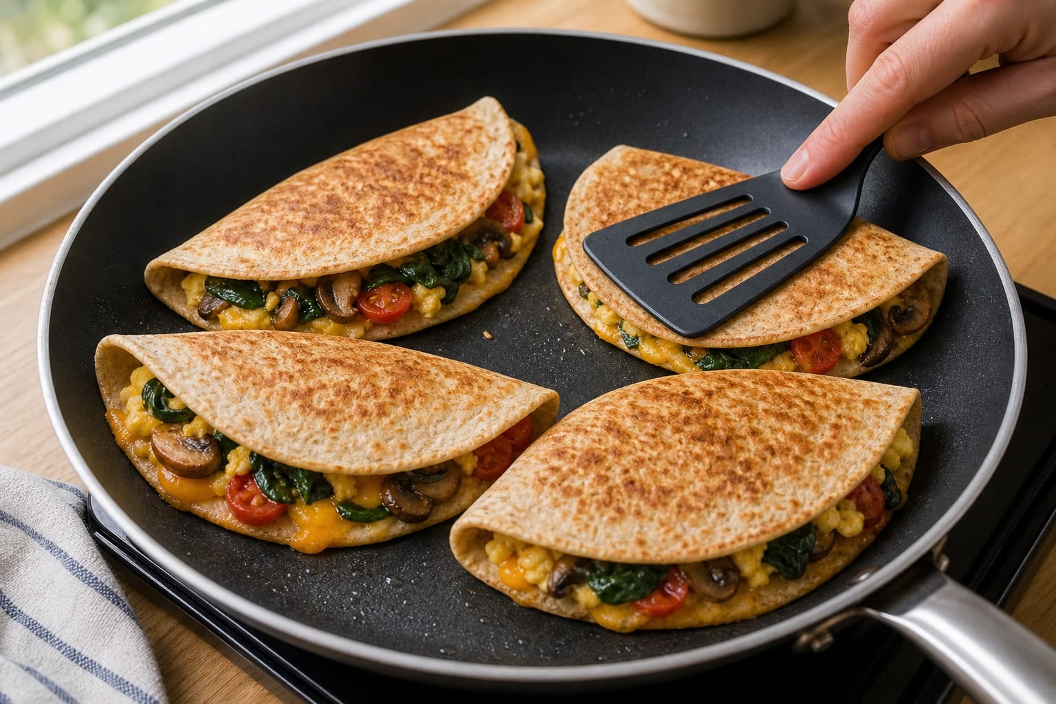 Golden Mushroom Spinach Breakfast Quesadillas with Cheddar cooking step 4: Toast the quesadillas.