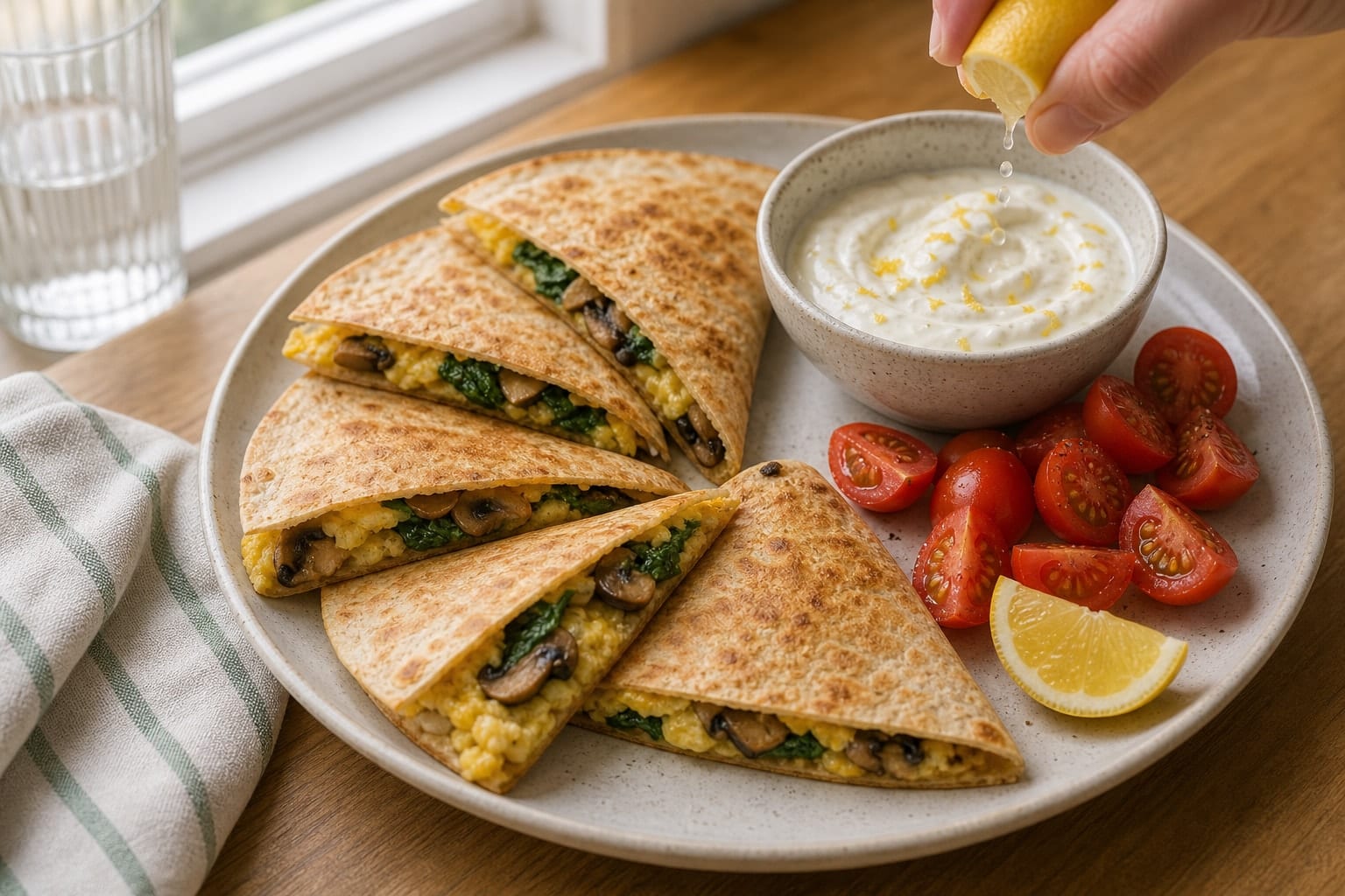 Golden Mushroom Spinach Breakfast Quesadillas with Cheddar cooking step 5: Serve with Greek yoghurt.