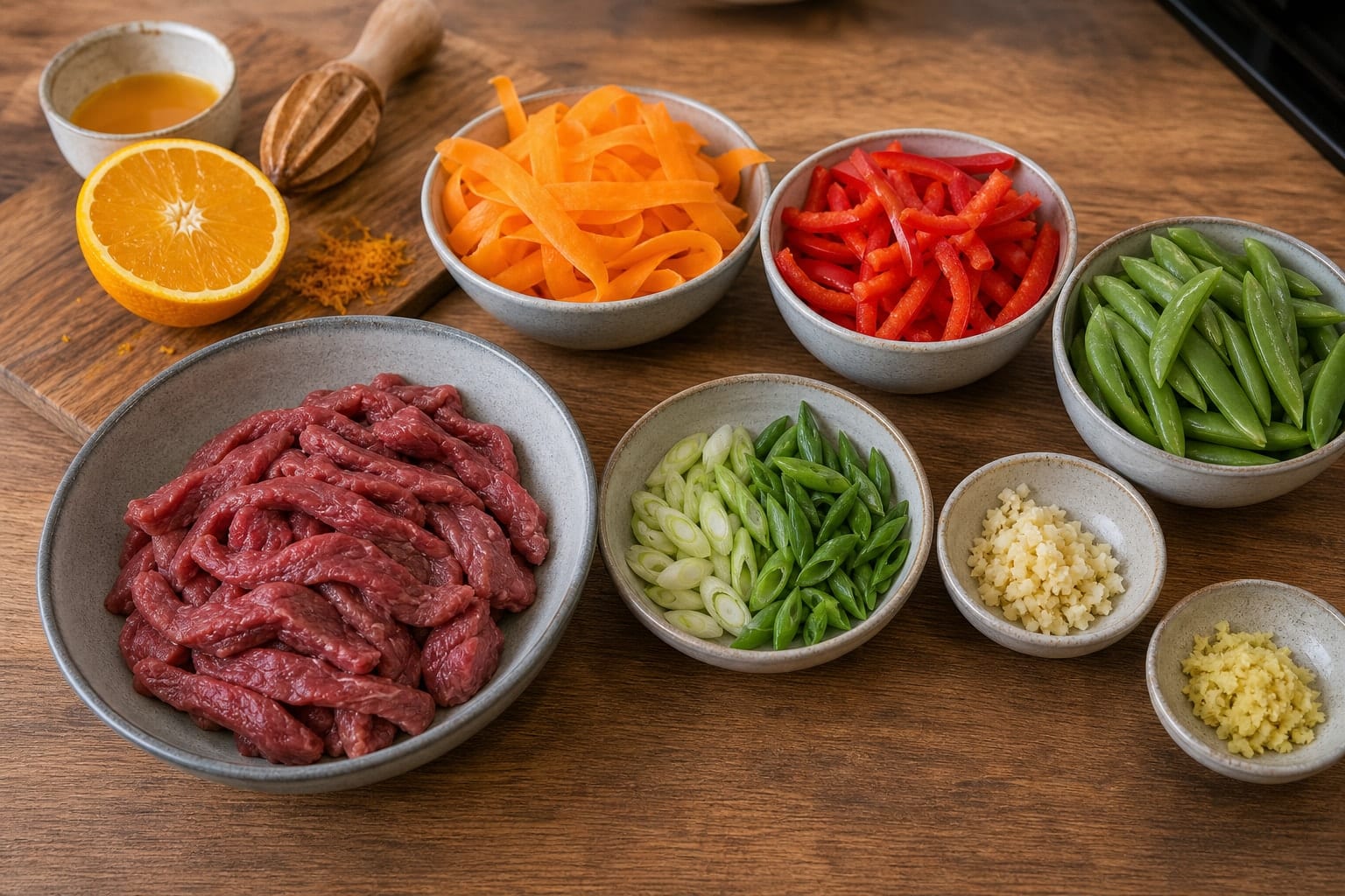 Orange Beef Pepper Rice Noodles with Spring Onion cooking step 1: Prepare the beef and vegetables.