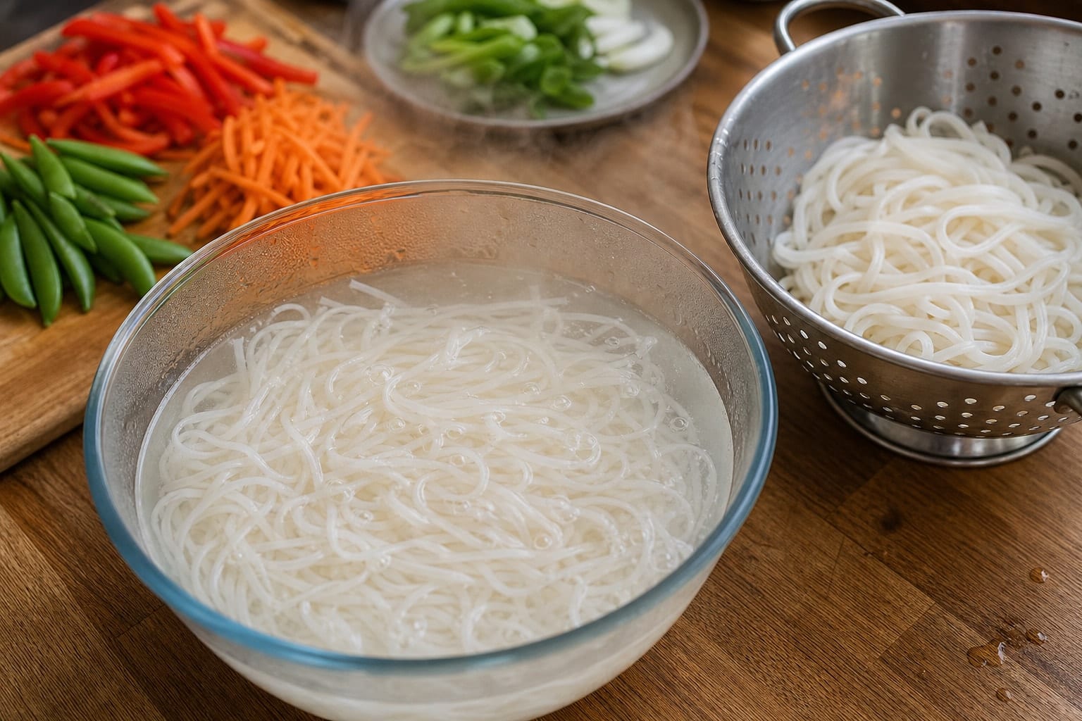 Orange Beef Pepper Rice Noodles with Spring Onion cooking step 2: Soak the rice noodles.
