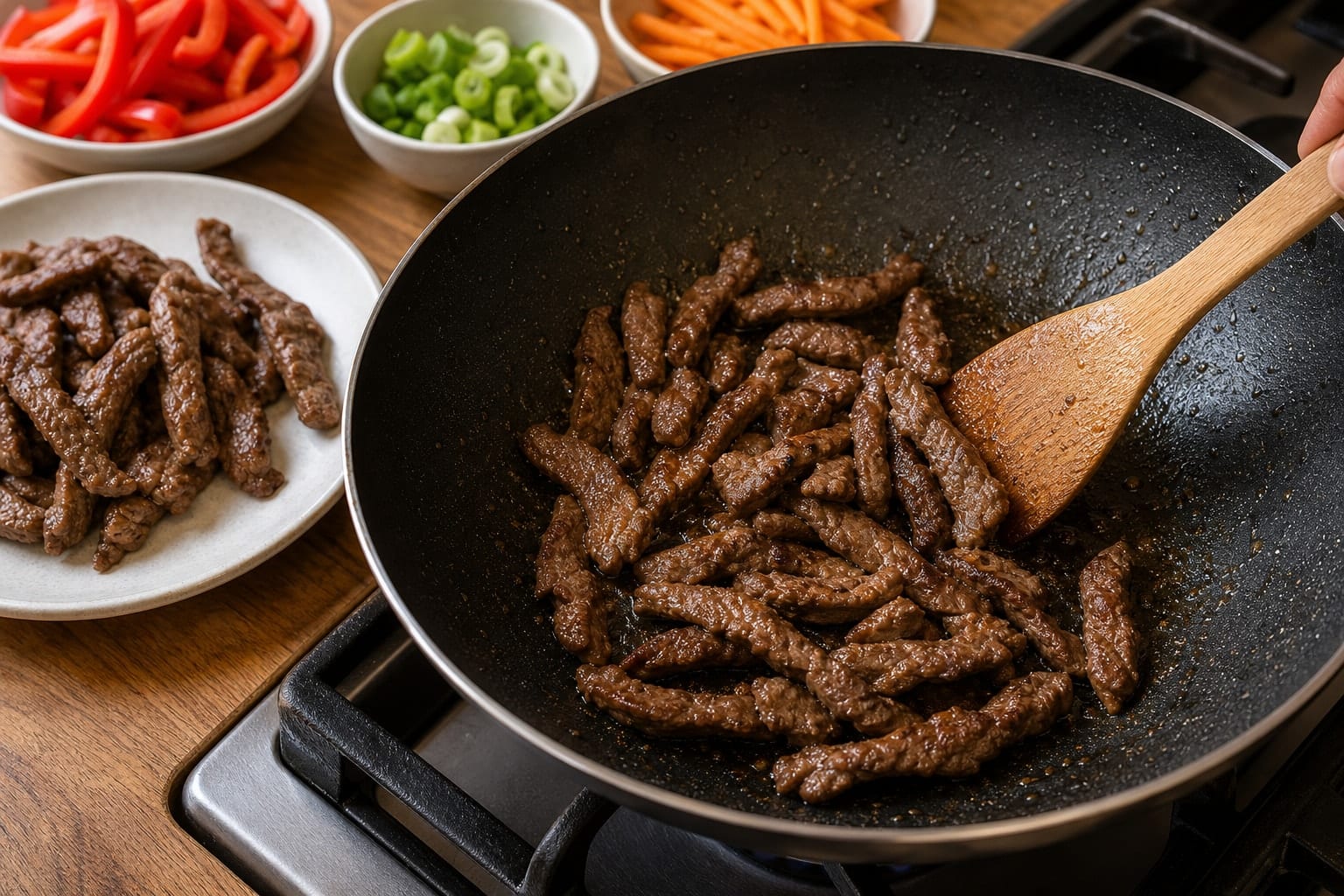 Orange Beef Pepper Rice Noodles with Spring Onion cooking step 4: Sear the beef.