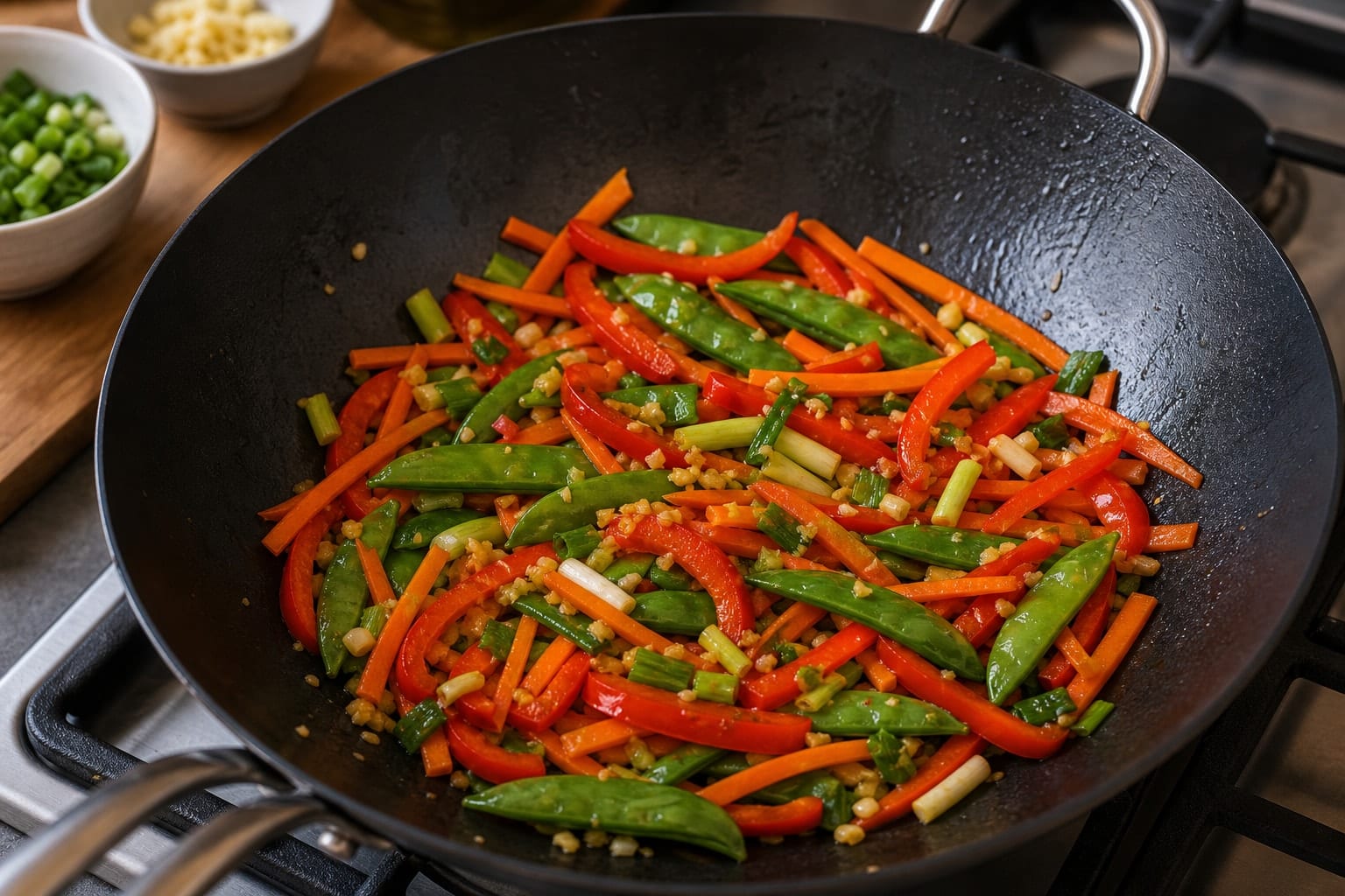 Orange Beef Pepper Rice Noodles with Spring Onion cooking step 5: Stir-fry the vegetables.