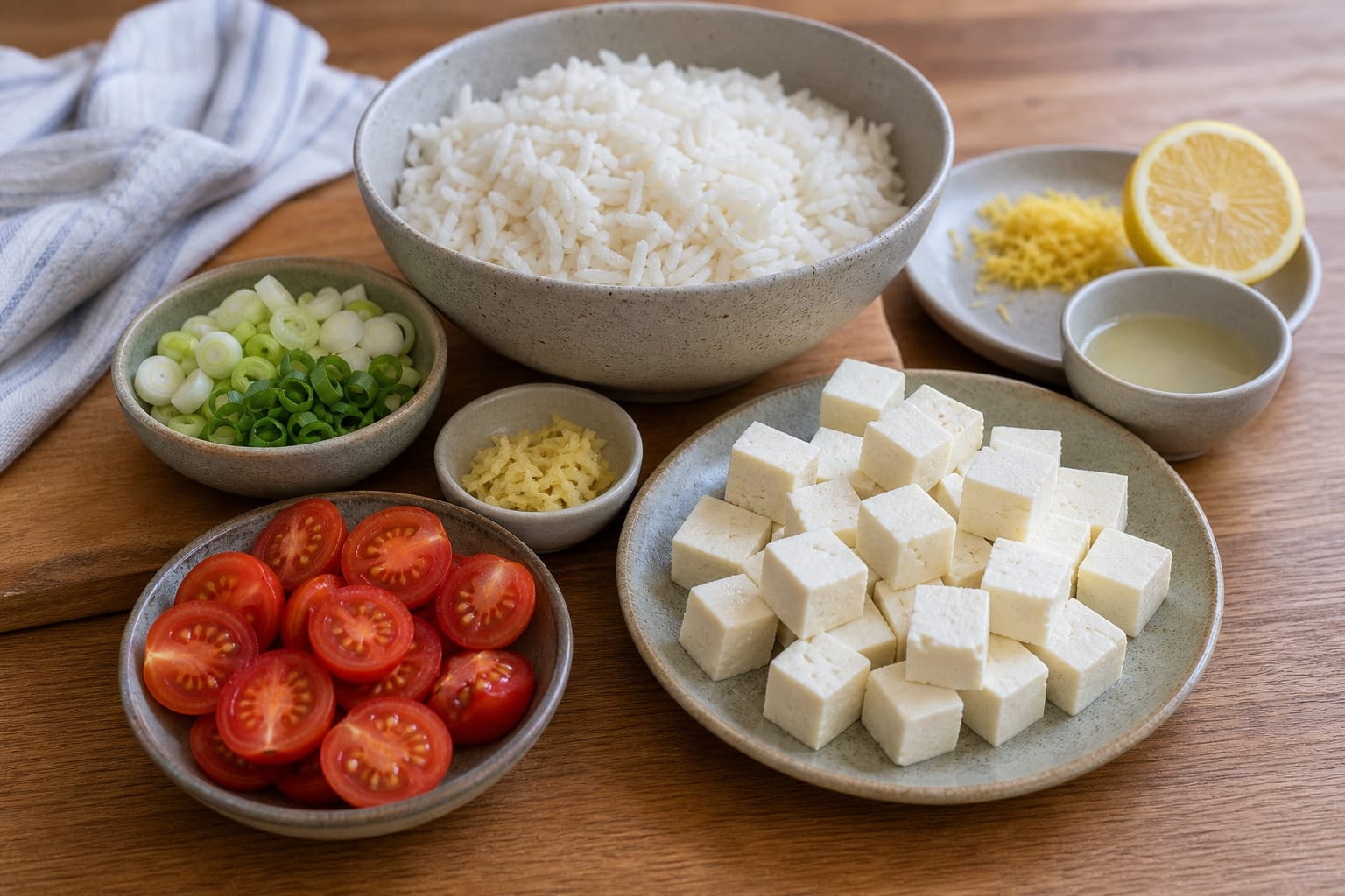 Golden Paneer Pea Fried Rice with Spinach and Lemon cooking step 1: Prepare the fried rice ingredients.