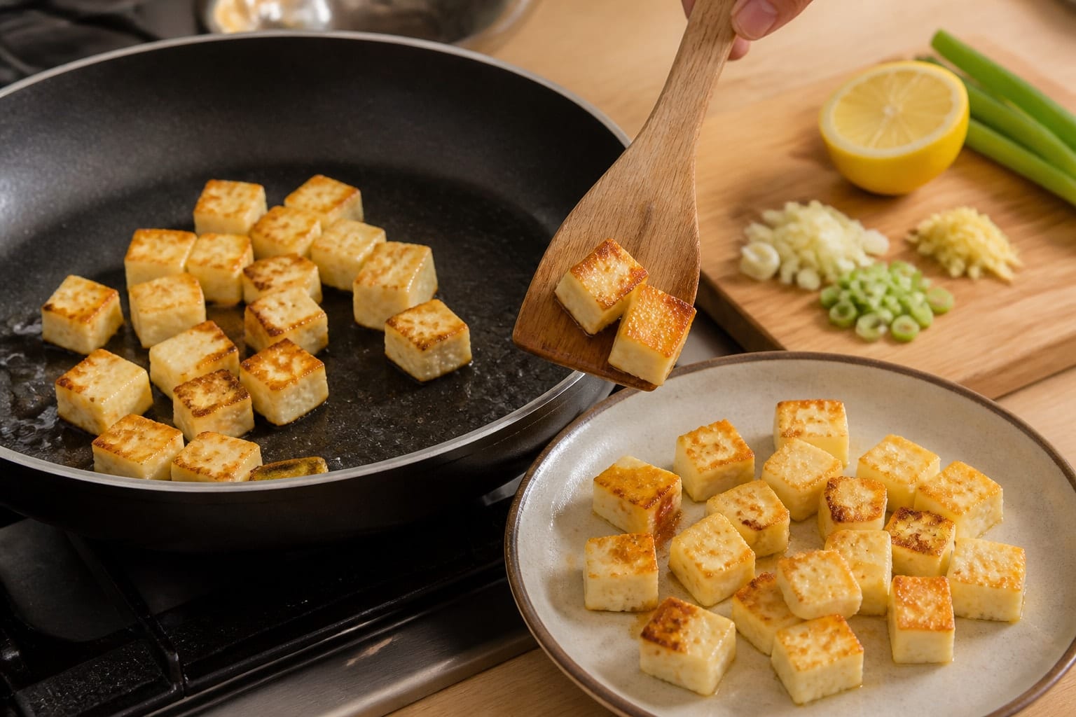 Golden Paneer Pea Fried Rice with Spinach and Lemon cooking step 2: Brown the paneer.