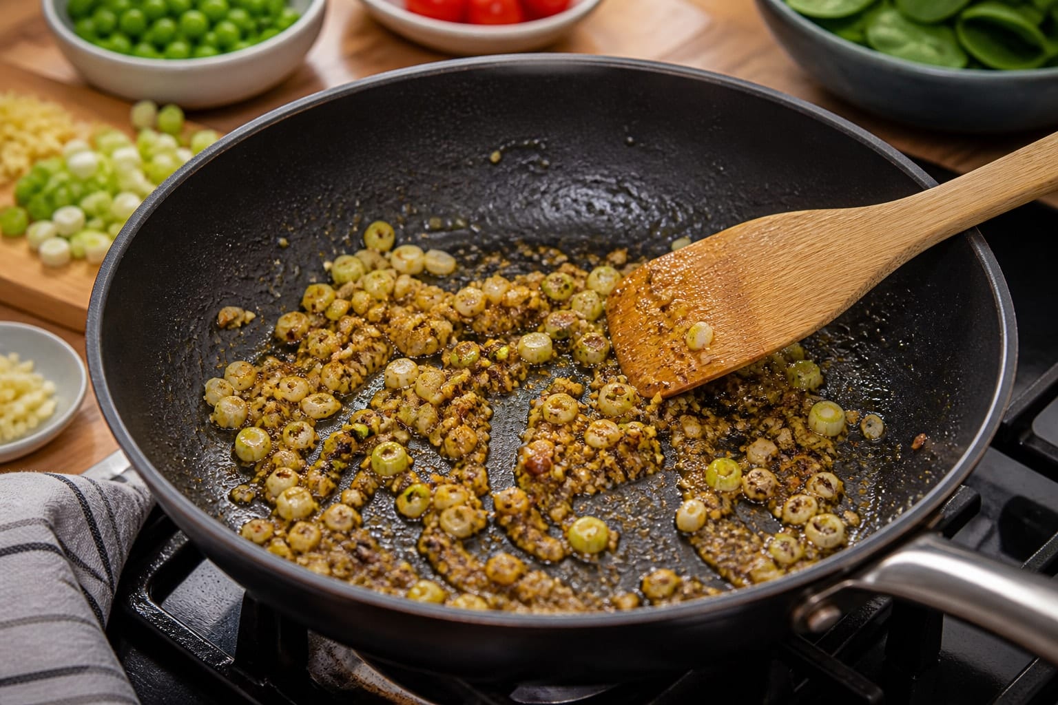 Golden Paneer Pea Fried Rice with Spinach and Lemon cooking step 3: Cook the aromatics.
