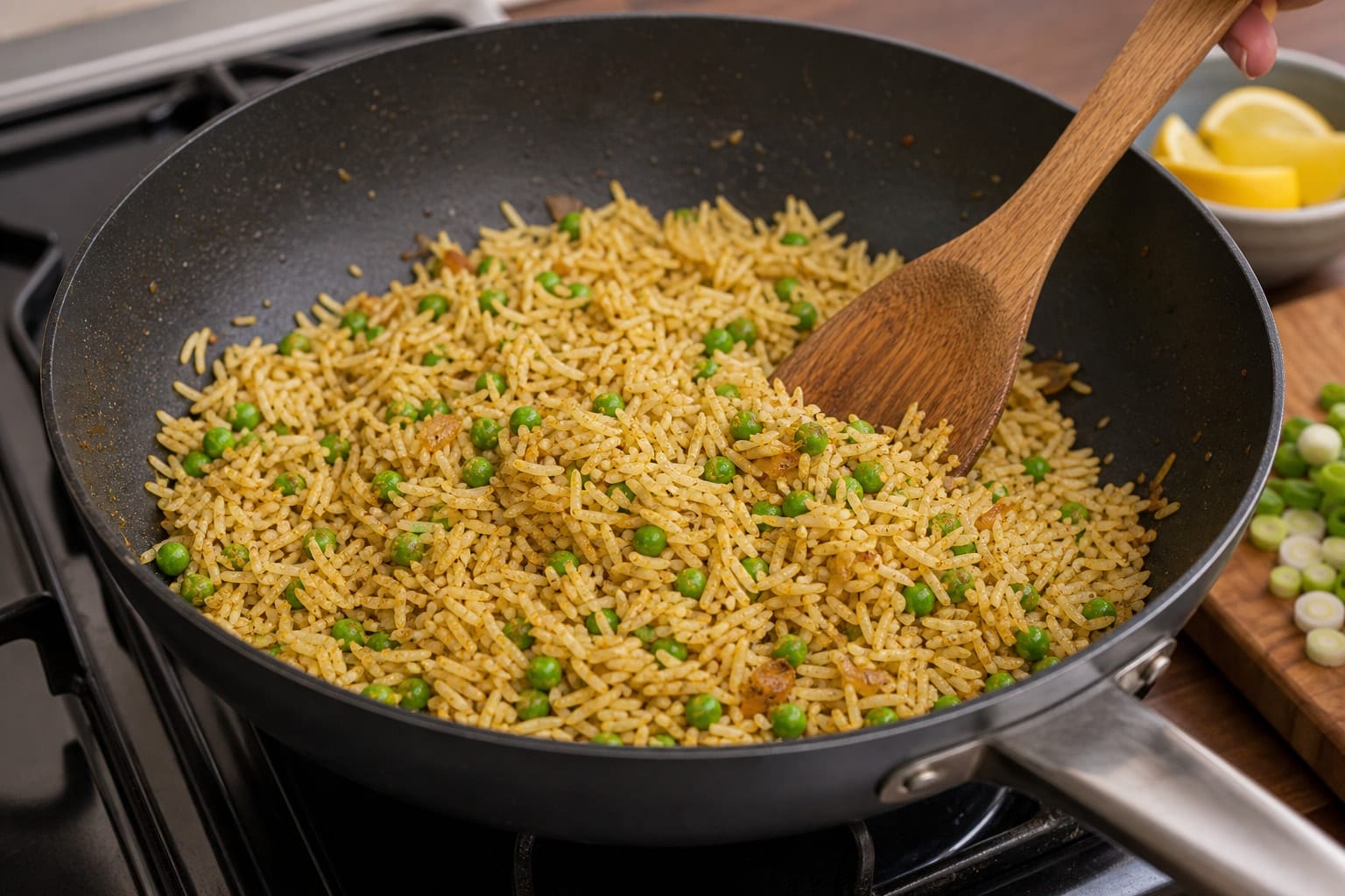 Golden Paneer Pea Fried Rice with Spinach and Lemon cooking step 4: Fry the rice and peas.