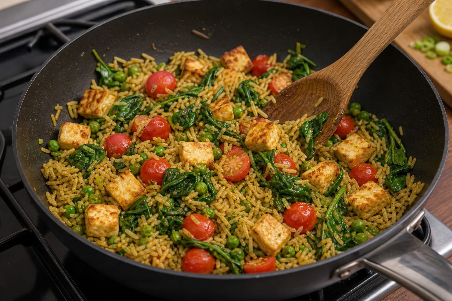 Golden Paneer Pea Fried Rice with Spinach and Lemon cooking step 5: Add paneer, spinach and tomatoes.