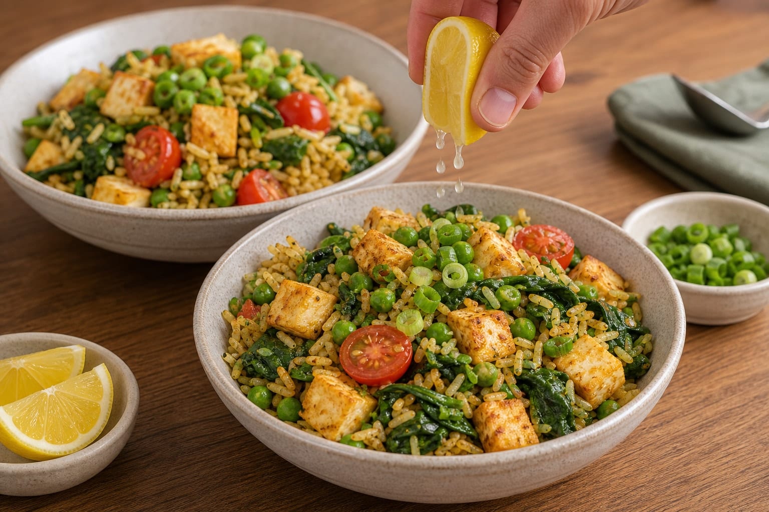 Golden Paneer Pea Fried Rice with Spinach and Lemon cooking step 6: Serve with lemon.