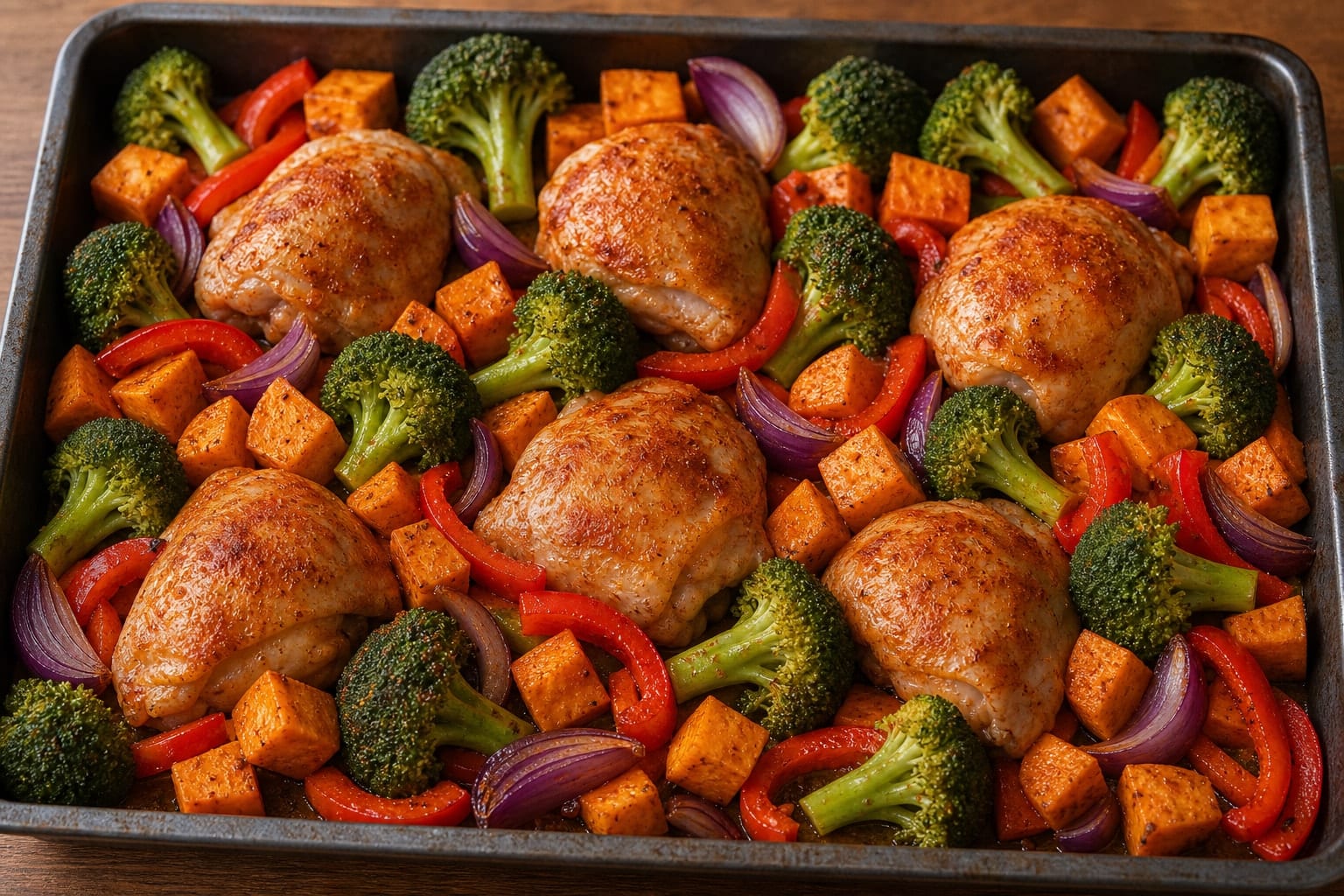 Paprika Chicken Sweet Potato Traybake with Broccoli cooking step 4: Add chicken and broccoli.