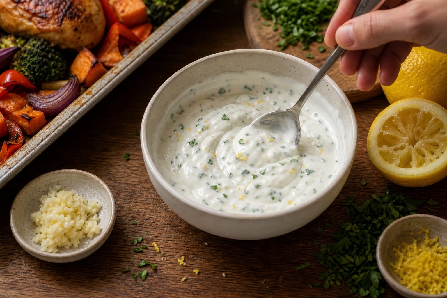 Paprika Chicken Sweet Potato Traybake with Broccoli cooking step 5: Mix the lemon yoghurt.