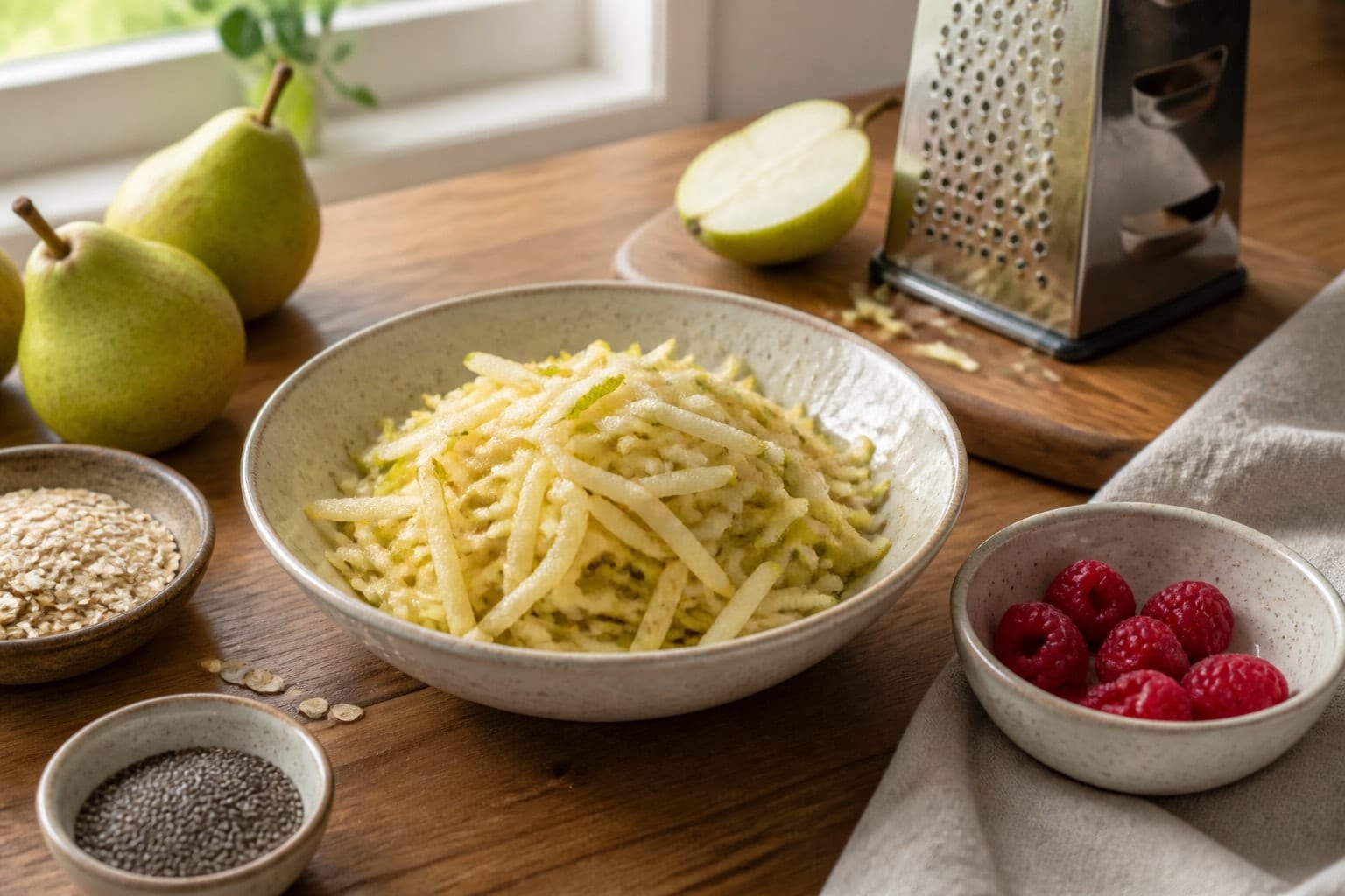Pear Raspberry Bircher Pots with Cinnamon Seeds cooking step 1: Grate the pears.
