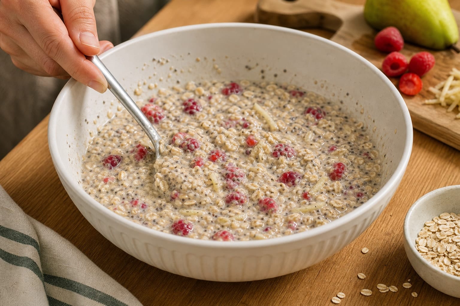 Pear Raspberry Bircher Pots with Cinnamon Seeds cooking step 2: Mix the bircher base.