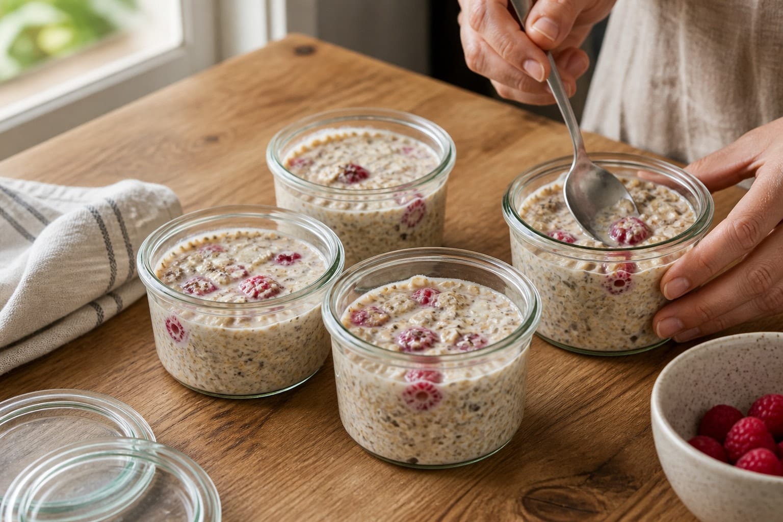 Pear Raspberry Bircher Pots with Cinnamon Seeds cooking step 3: Portion the pots.