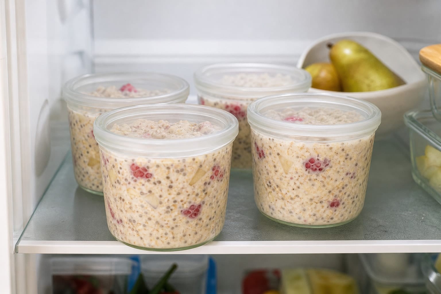 Pear Raspberry Bircher Pots with Cinnamon Seeds cooking step 4: Chill until creamy.