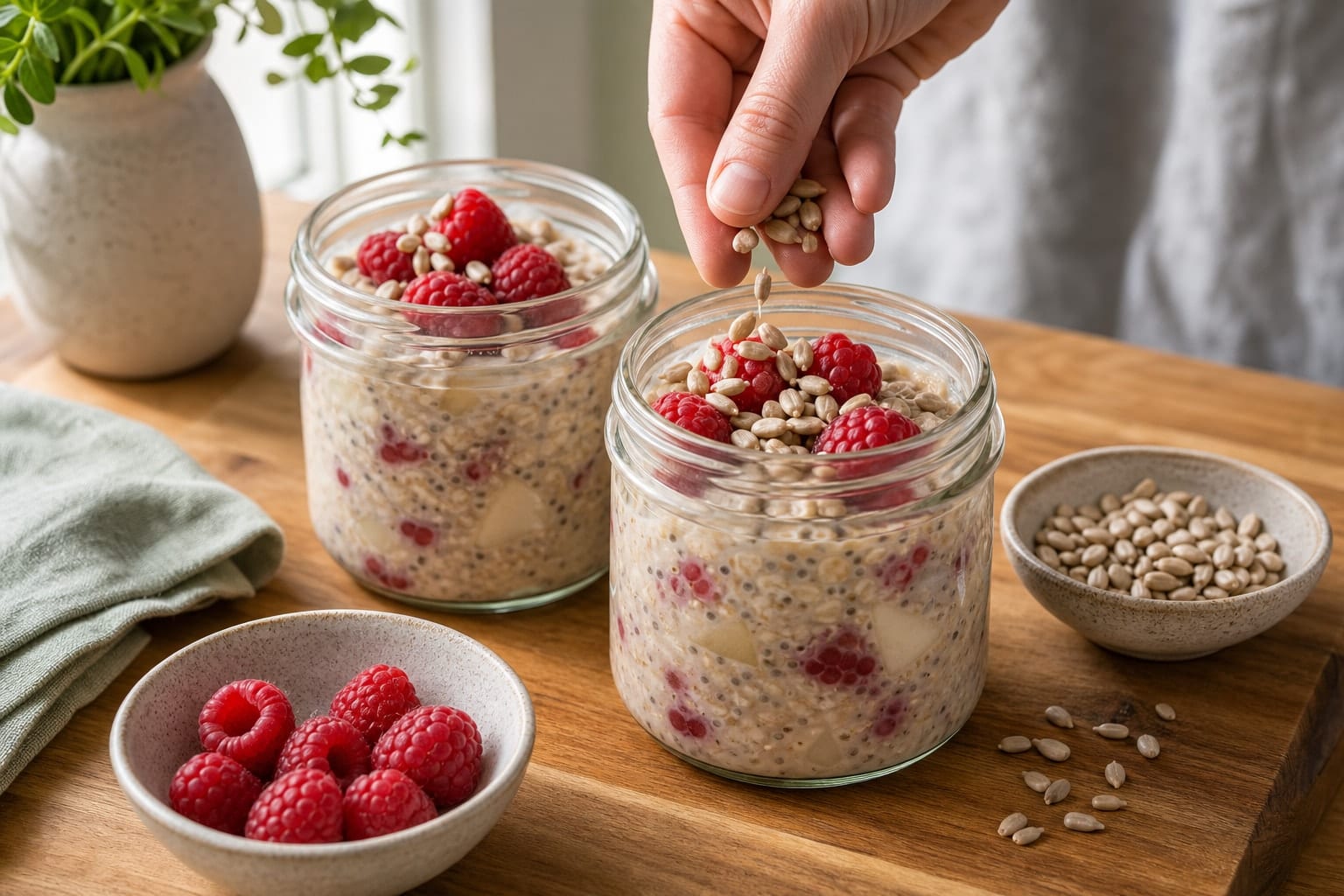 Pear Raspberry Bircher Pots with Cinnamon Seeds cooking step 5: Finish with seeds.