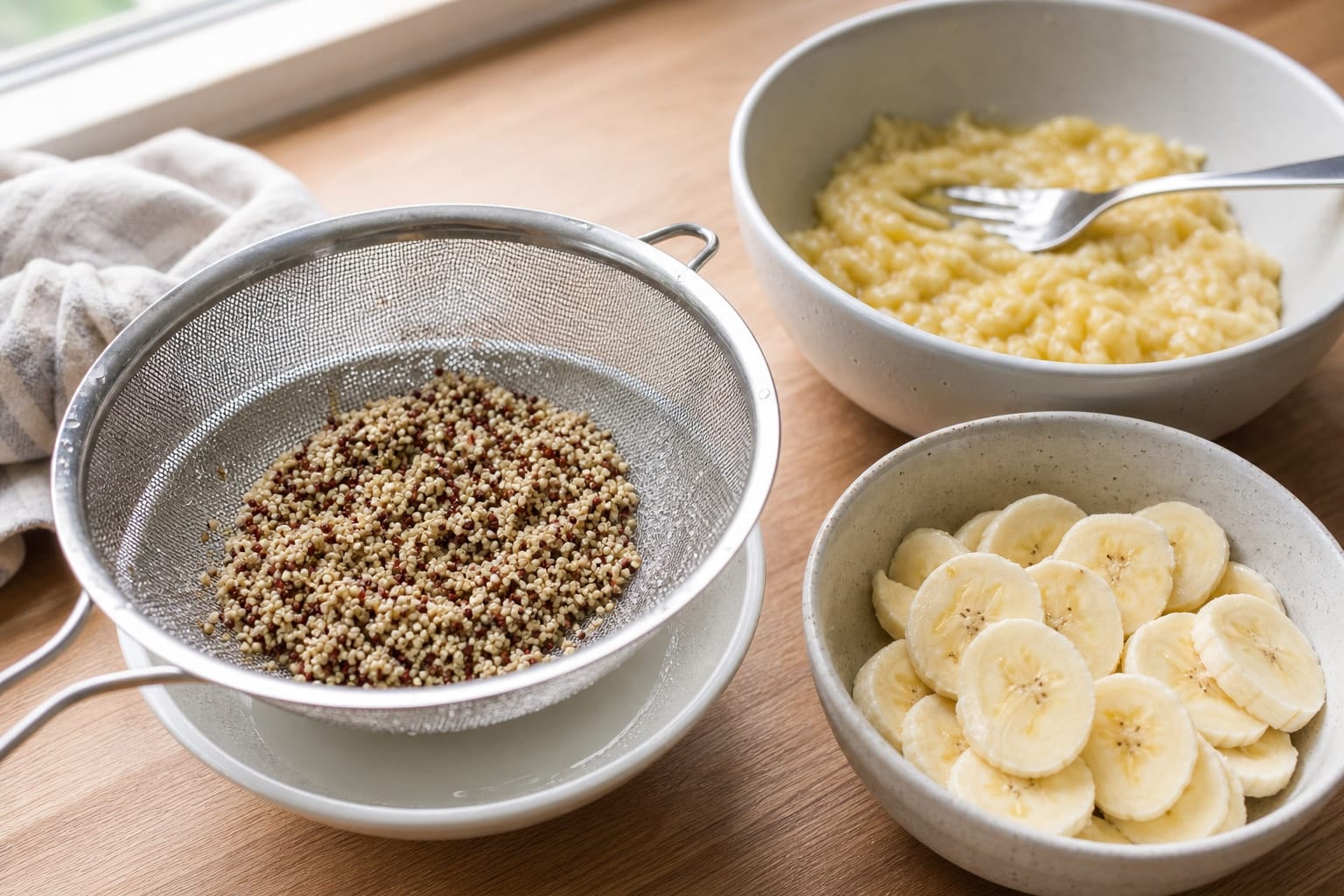 Creamy Raspberry Coconut Quinoa Porridge with Chia cooking step 1: Rinse and slice.