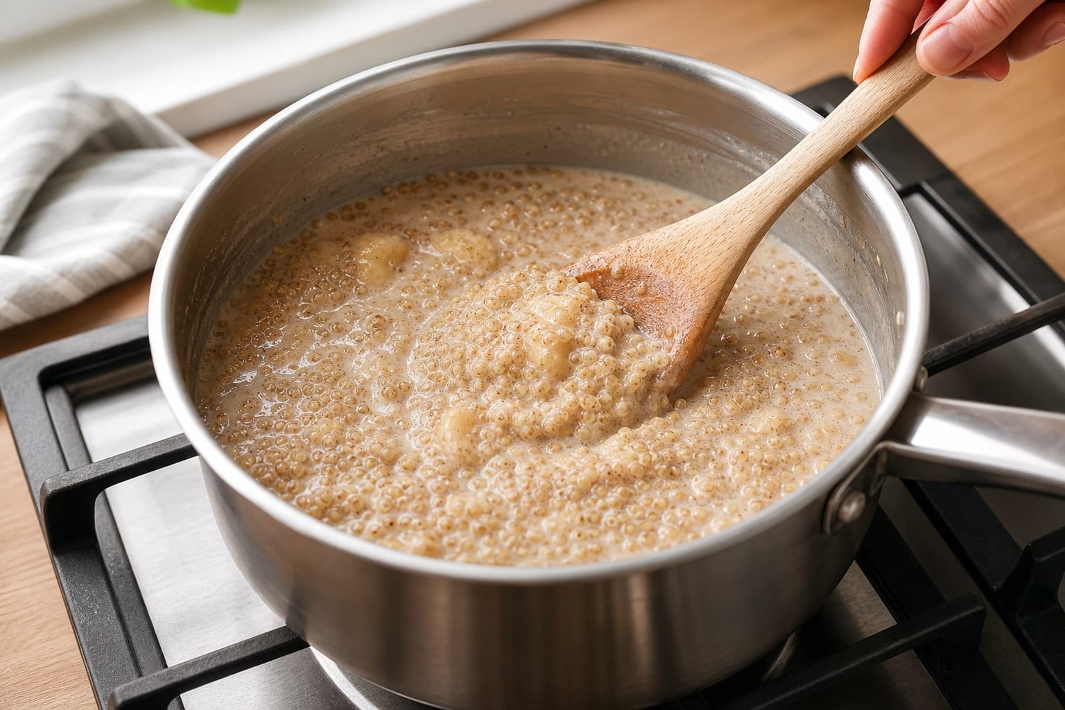 Creamy Raspberry Coconut Quinoa Porridge with Chia cooking step 2: Simmer the porridge.