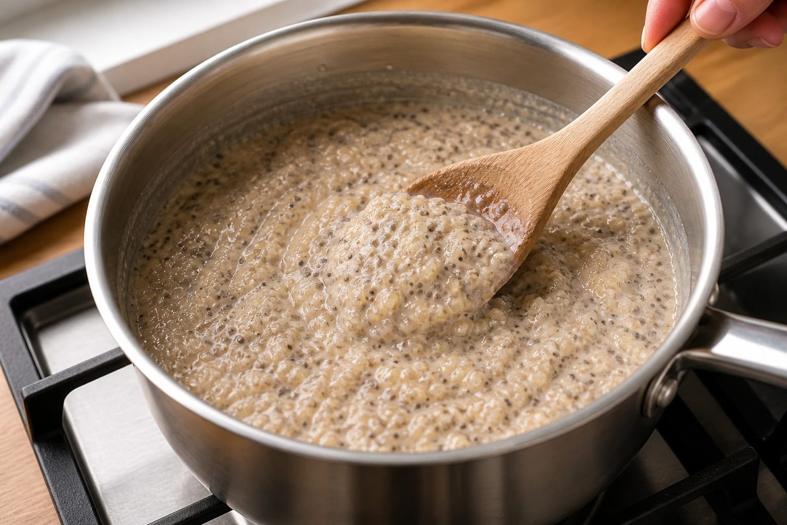 Creamy Raspberry Coconut Quinoa Porridge with Chia cooking step 3: Thicken with chia.
