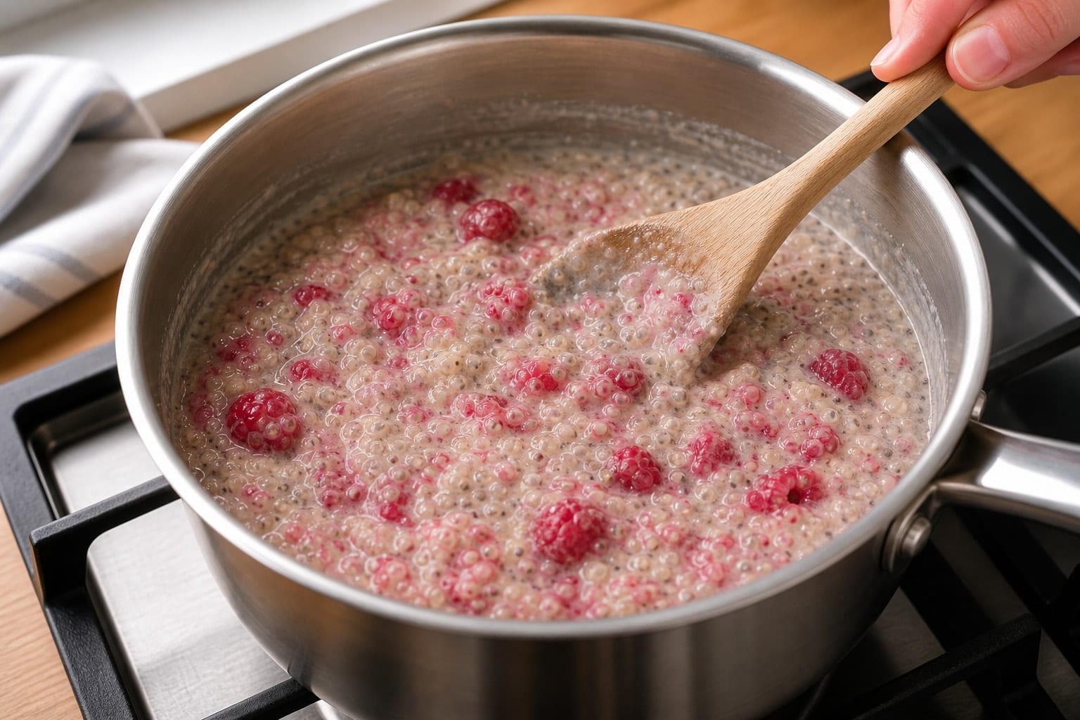 Creamy Raspberry Coconut Quinoa Porridge with Chia cooking step 4: Warm the fruit.