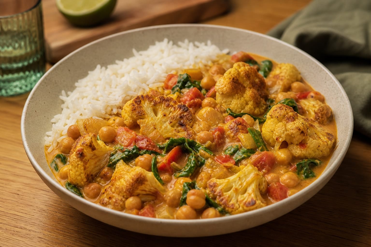 Roasted Cauliflower Chickpea Curry Rice with Lime.