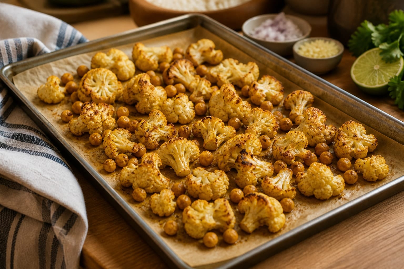 Roasted Cauliflower Chickpea Curry Rice with Lime cooking step 2: Roast the cauliflower.