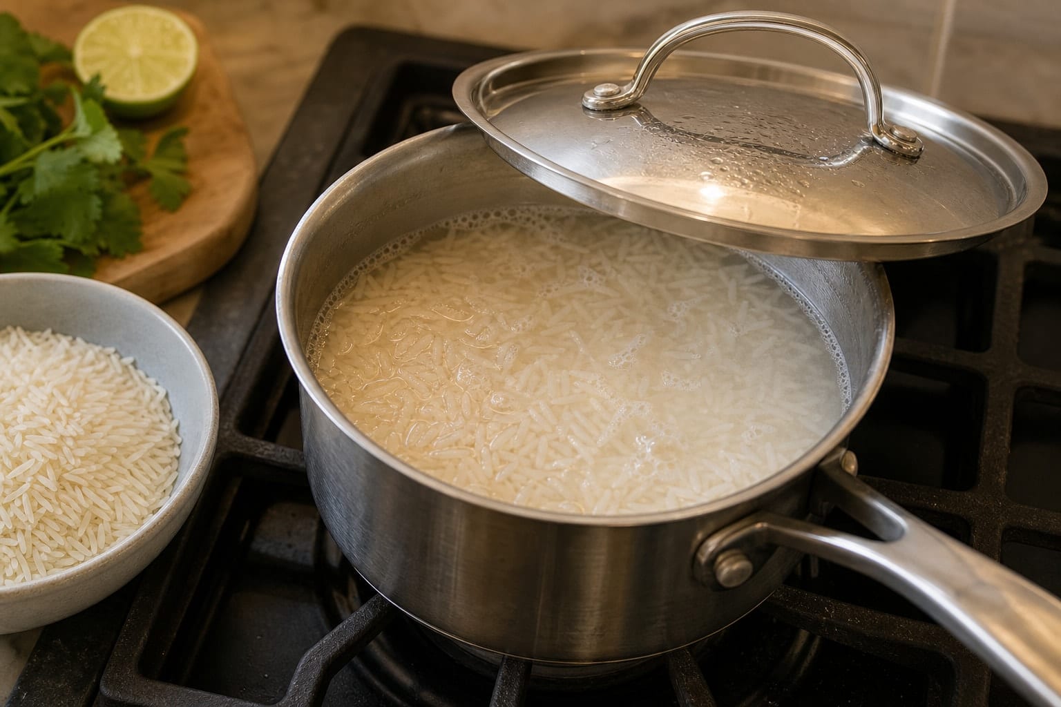 Roasted Cauliflower Chickpea Curry Rice with Lime cooking step 3: Cook the rice.