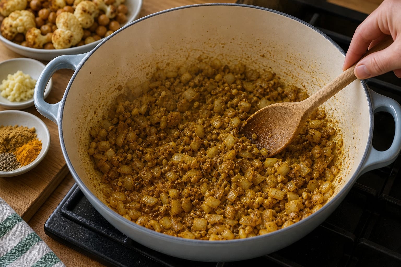 Roasted Cauliflower Chickpea Curry Rice with Lime cooking step 4: Build the sauce.