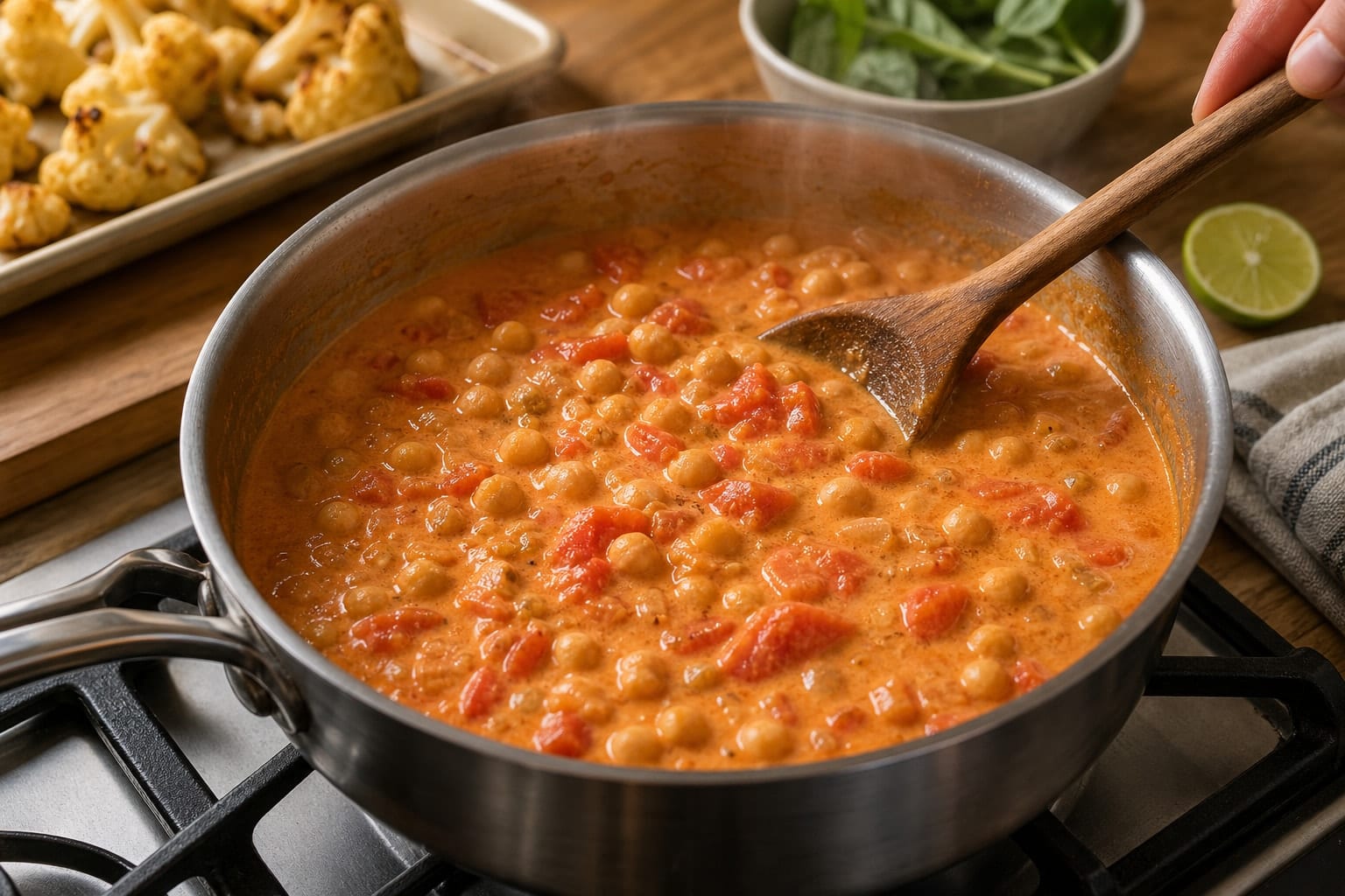 Roasted Cauliflower Chickpea Curry Rice with Lime cooking step 5: Simmer the chickpeas.