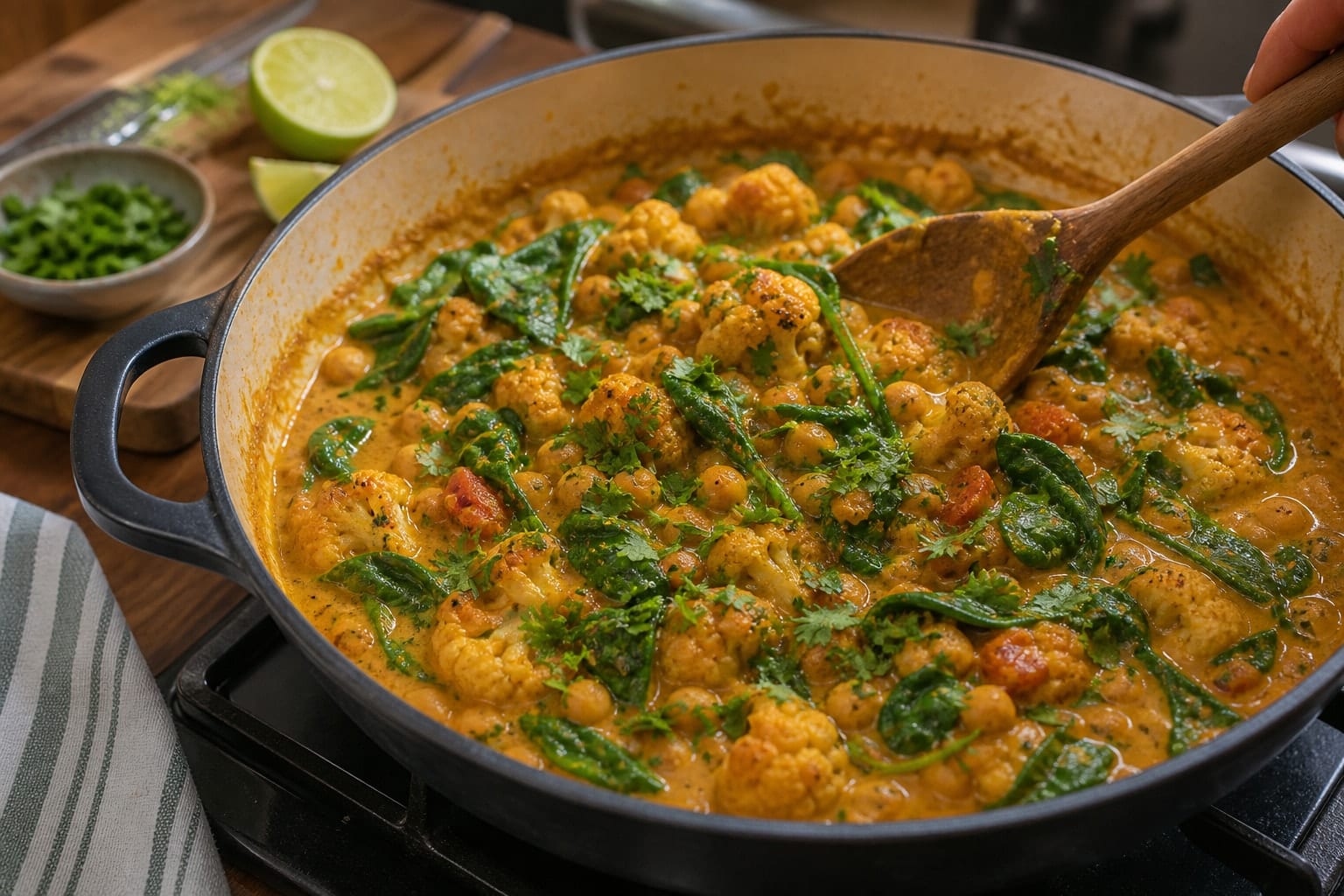 Roasted Cauliflower Chickpea Curry Rice with Lime cooking step 6: Add spinach and lime.