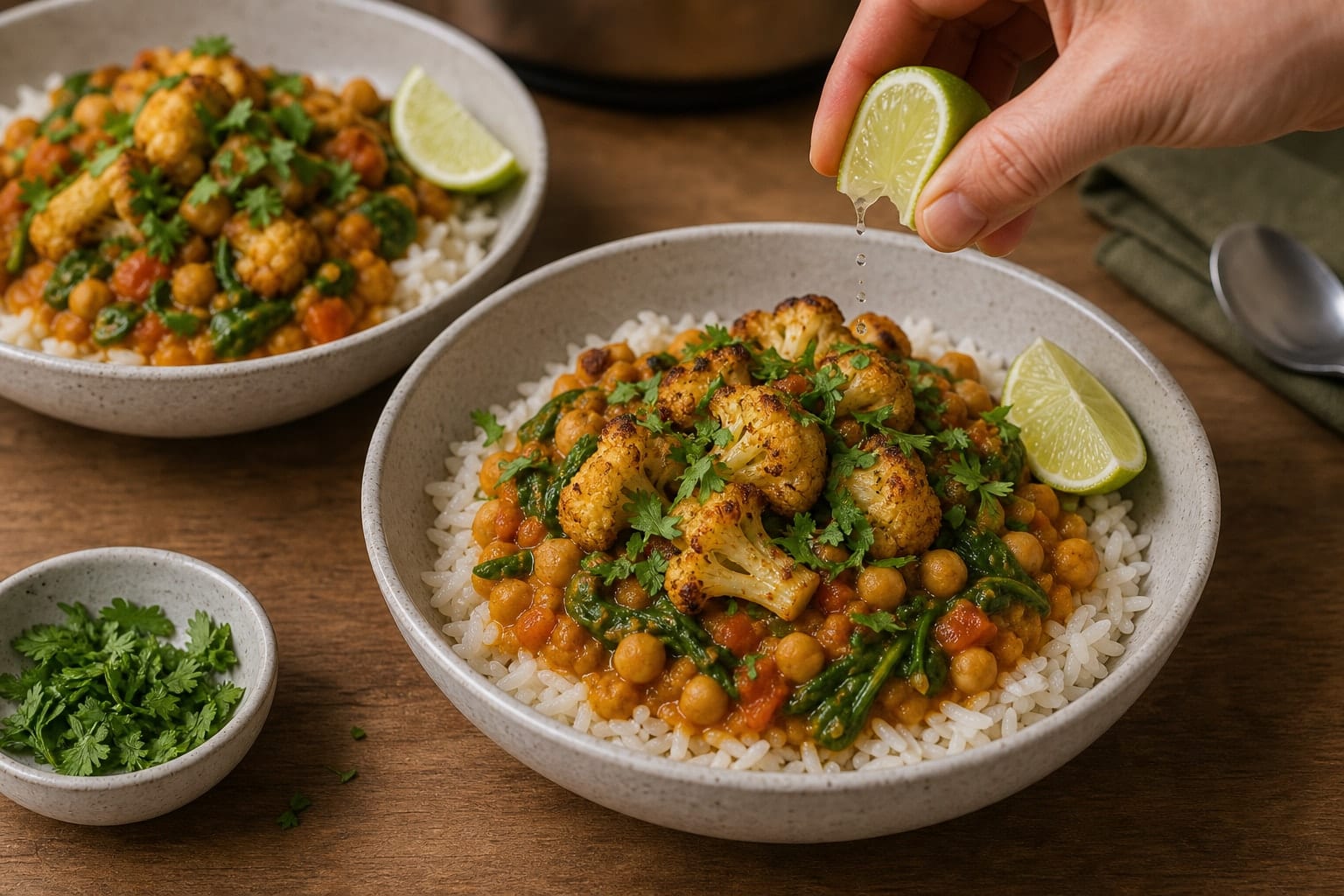 Roasted Cauliflower Chickpea Curry Rice with Lime cooking step 7: Serve over rice.