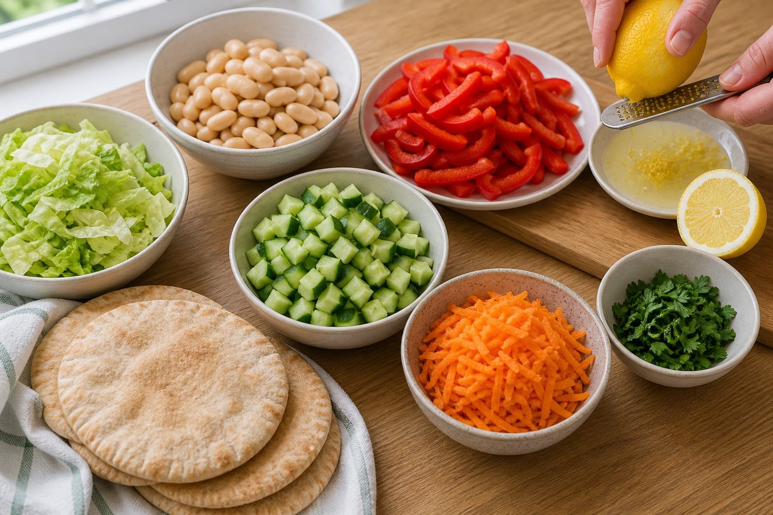 Roasted Pepper Butter Bean Pitta Breads with Lemon Parsley Slaw cooking step 1: Prepare the vegetables.