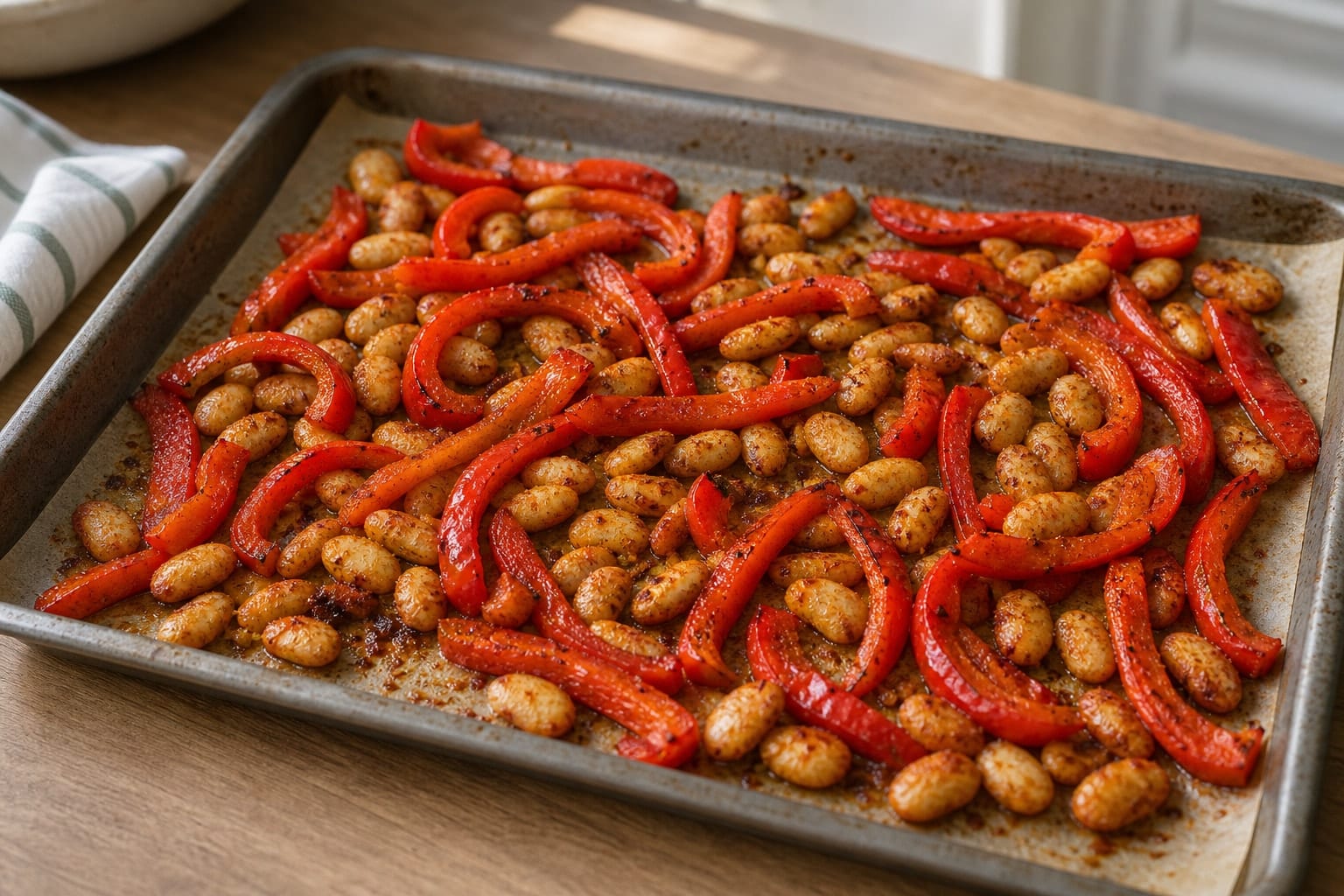 Roasted Pepper Butter Bean Pitta Breads with Lemon Parsley Slaw cooking step 2: Roast peppers and beans.