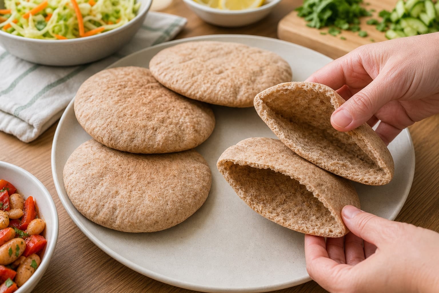 Roasted Pepper Butter Bean Pitta Breads with Lemon Parsley Slaw cooking step 4: Warm the pitta breads.