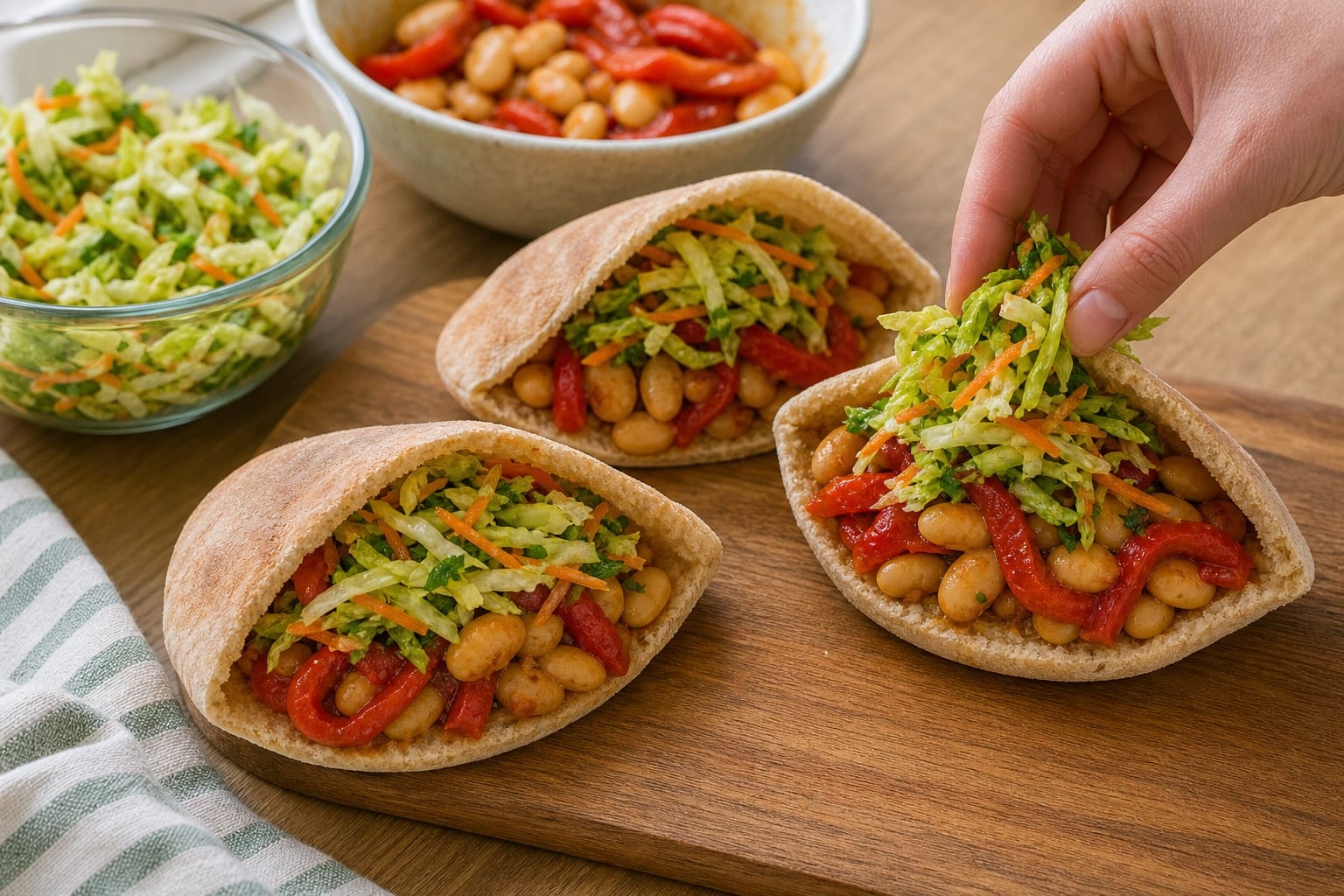 Roasted Pepper Butter Bean Pitta Breads with Lemon Parsley Slaw cooking step 5: Fill the pitta breads.