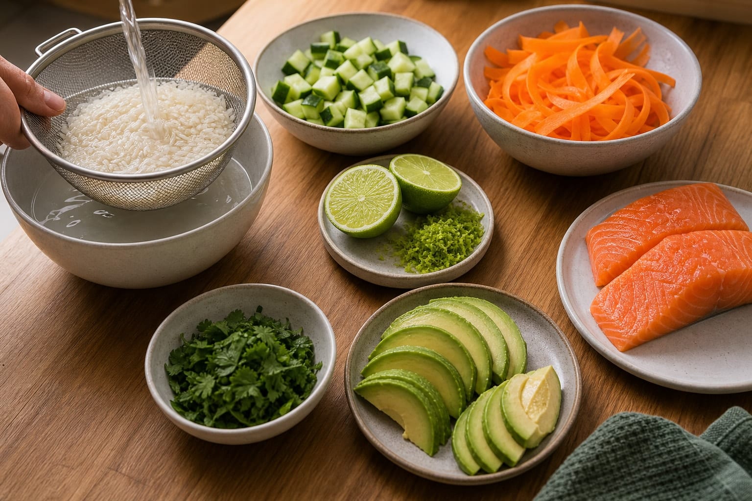 Salmon Cucumber Rice Bowls with Lime Pickled Carrot cooking step 1: Prepare the bowl ingredients.