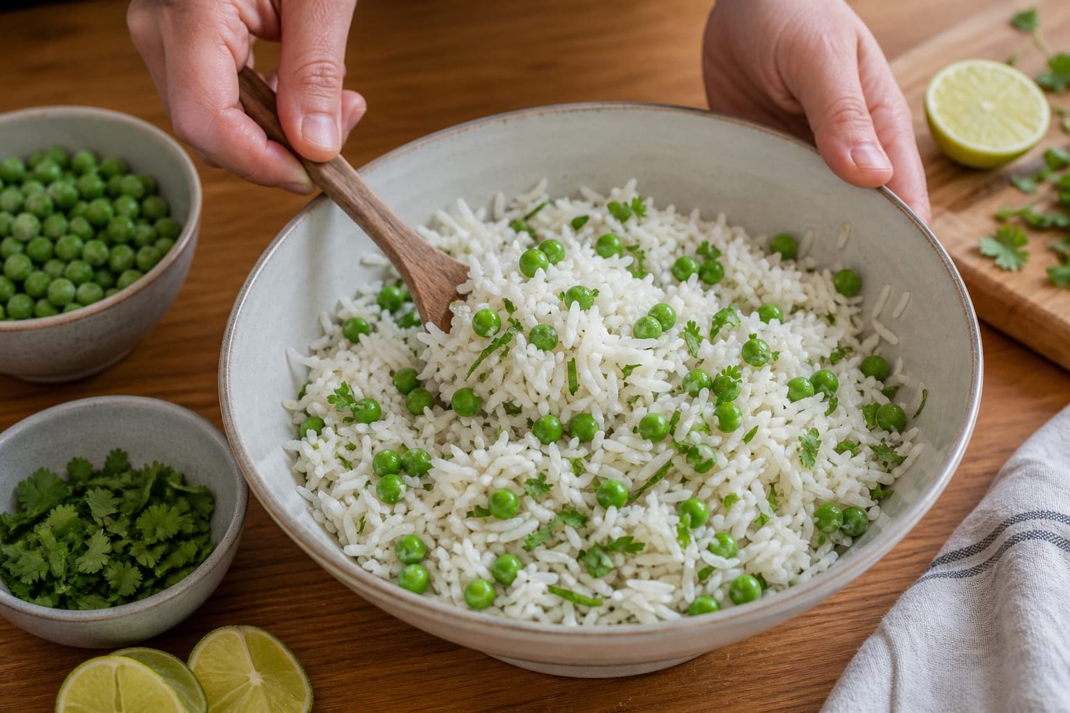Salmon Cucumber Rice Bowls with Lime Pickled Carrot cooking step 5: Warm the peas and rice.