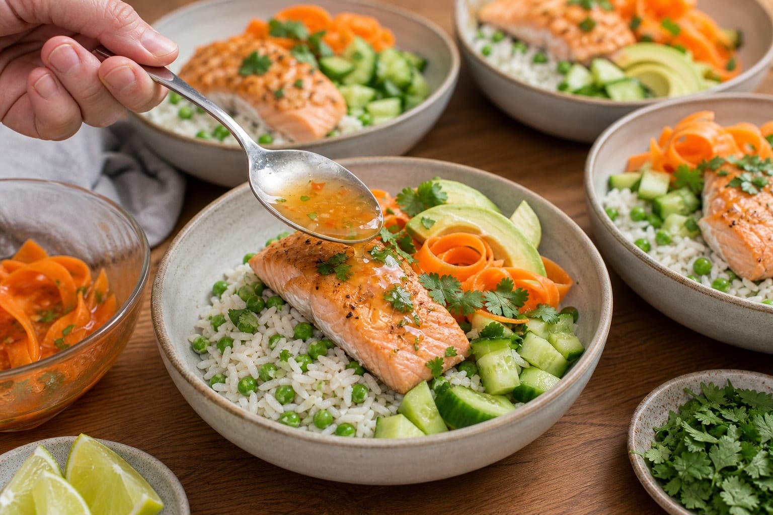 Salmon Cucumber Rice Bowls with Lime Pickled Carrot cooking step 6: Build the bowls.