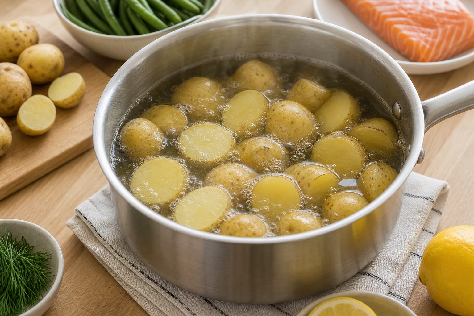 Salmon Potato Green Bean Salad Boxes with Lemon Dill cooking step 1: Cook the potatoes.