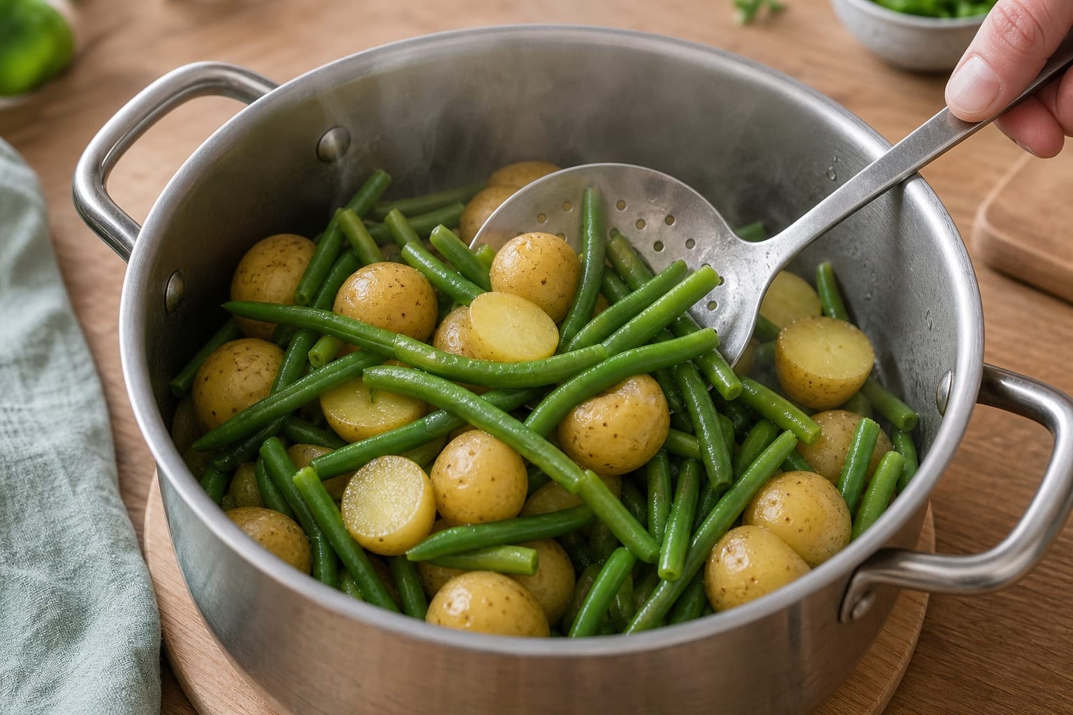 Salmon Potato Green Bean Salad Boxes with Lemon Dill cooking step 2: Add the beans.