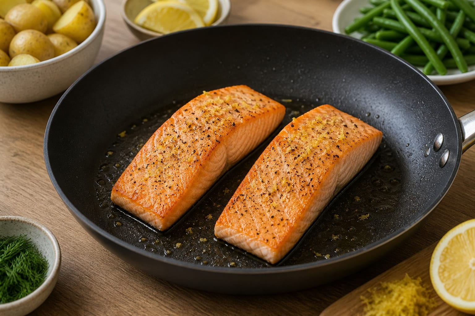 Salmon Potato Green Bean Salad Boxes with Lemon Dill cooking step 3: Pan-cook the salmon.