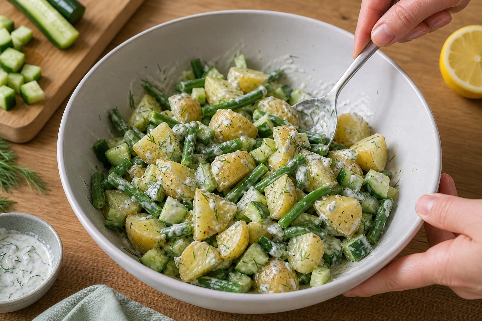 Salmon Potato Green Bean Salad Boxes with Lemon Dill cooking step 5: Fold the salad.